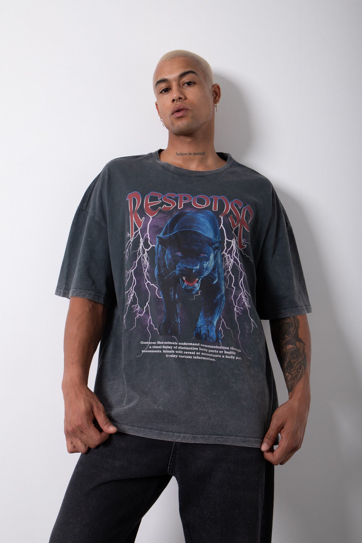 Oversize Yıkamalı Response Baskılı Pamuklu T-Shirt SİYAH