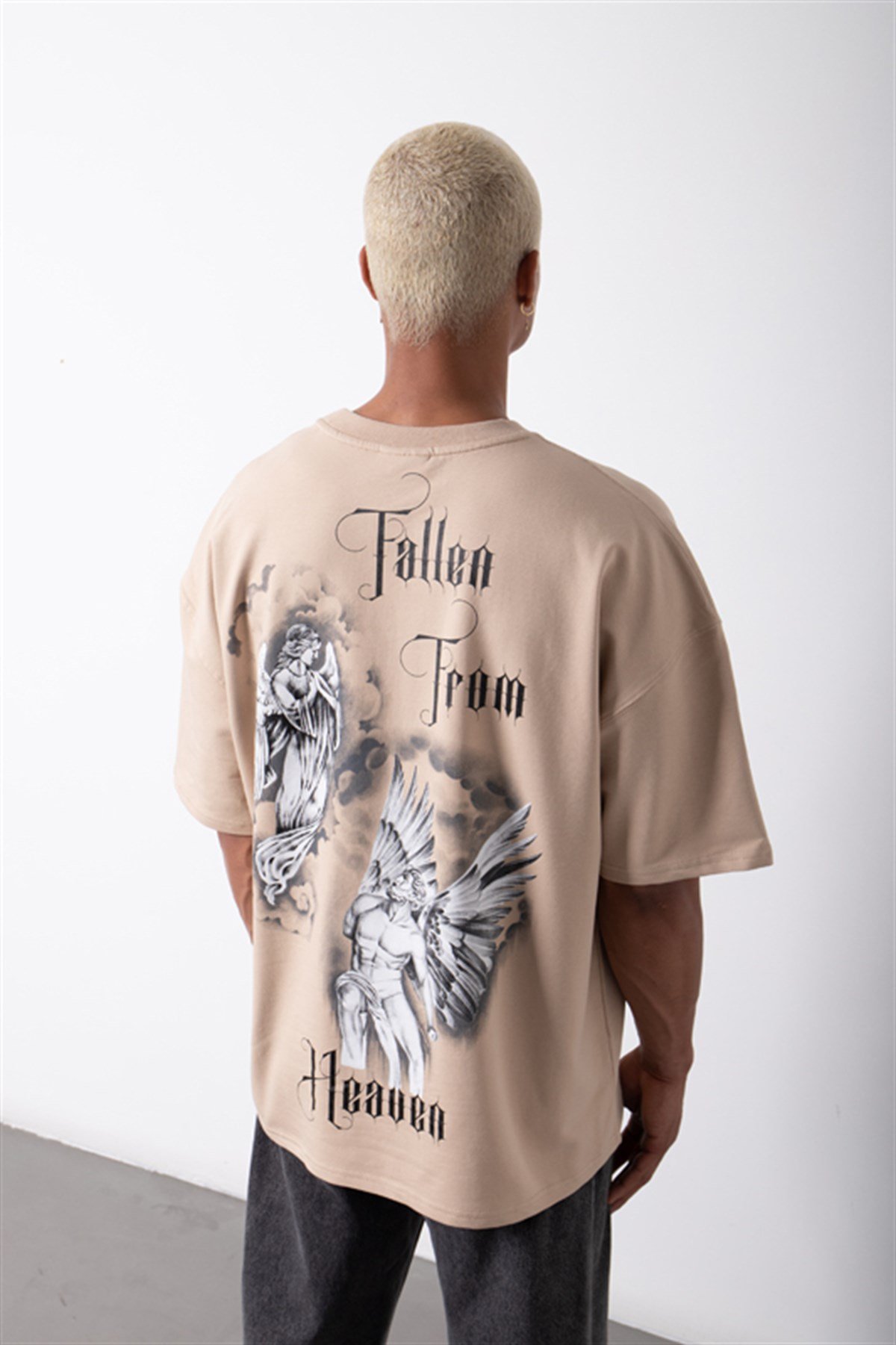 Oversize Heaven Baskılı Organik Pamuklu T-Shirt BEJ
