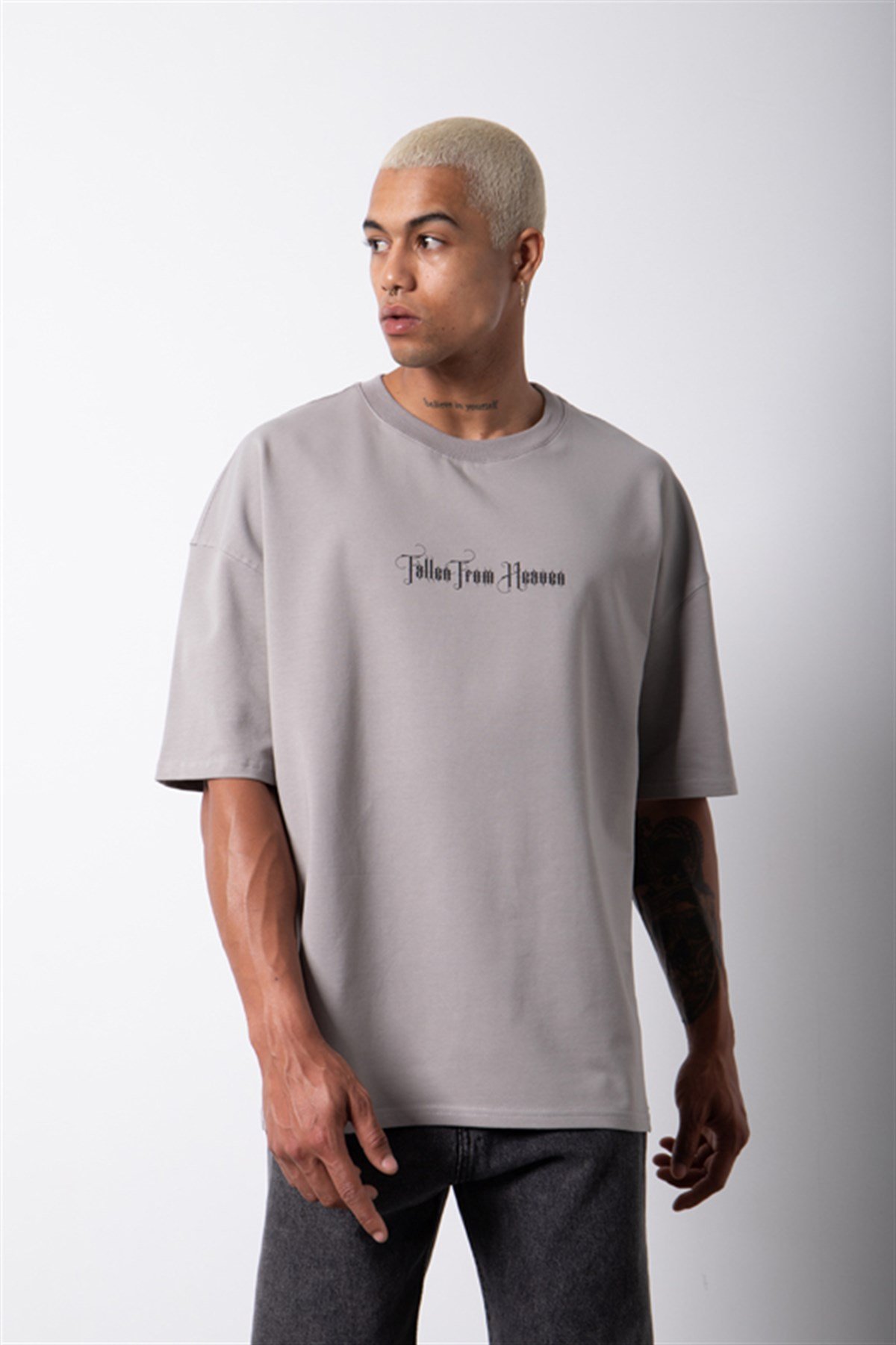 Oversize Heaven Baskılı Organik Pamuklu T-Shirt ICE GRİ
