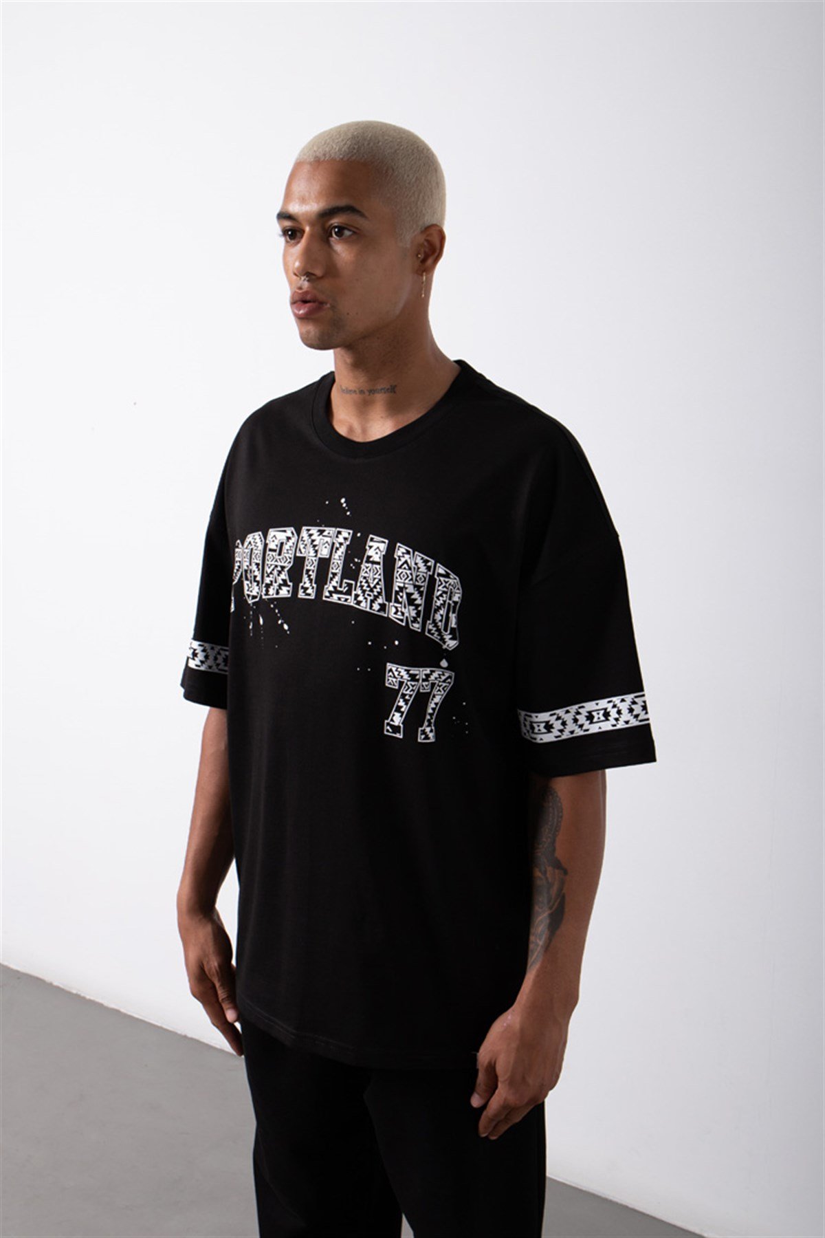 Oversize Portland Baskılı Pamuklu T-Shirt SİYAH