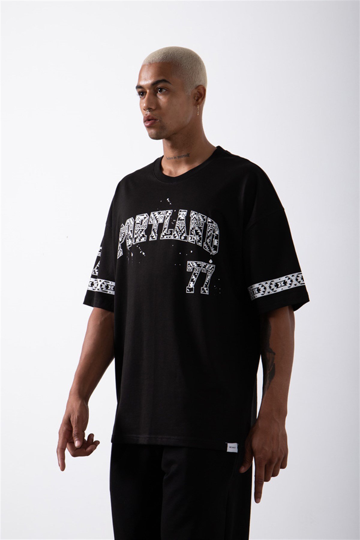 Oversize Portland Baskılı Pamuklu T-Shirt SİYAH