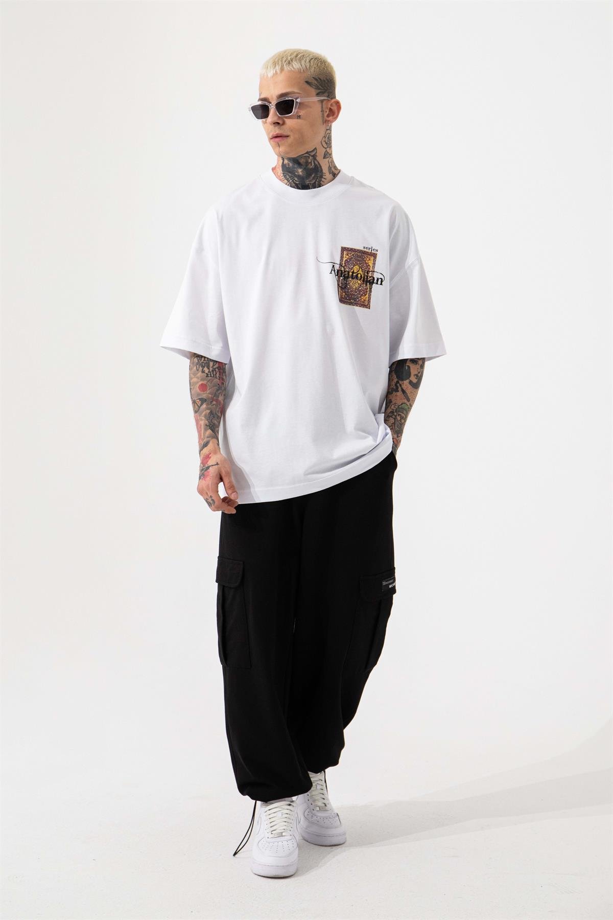 OVERSIZE ANATOLIAN BASKILI T-SHIRT BEYAZ