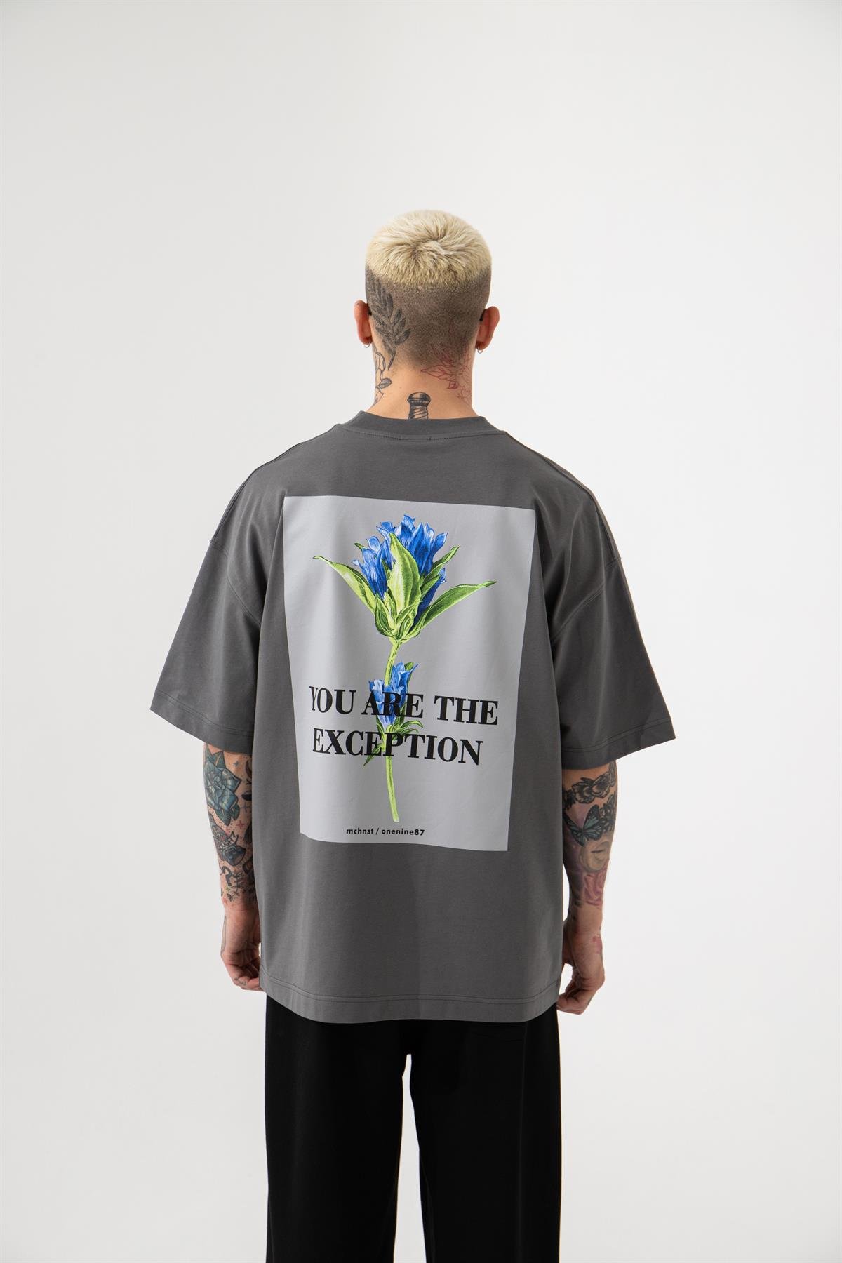 OVERSIZE EXCEPTION BASKILI PAMUKLU T-SHIRT DUMAN
