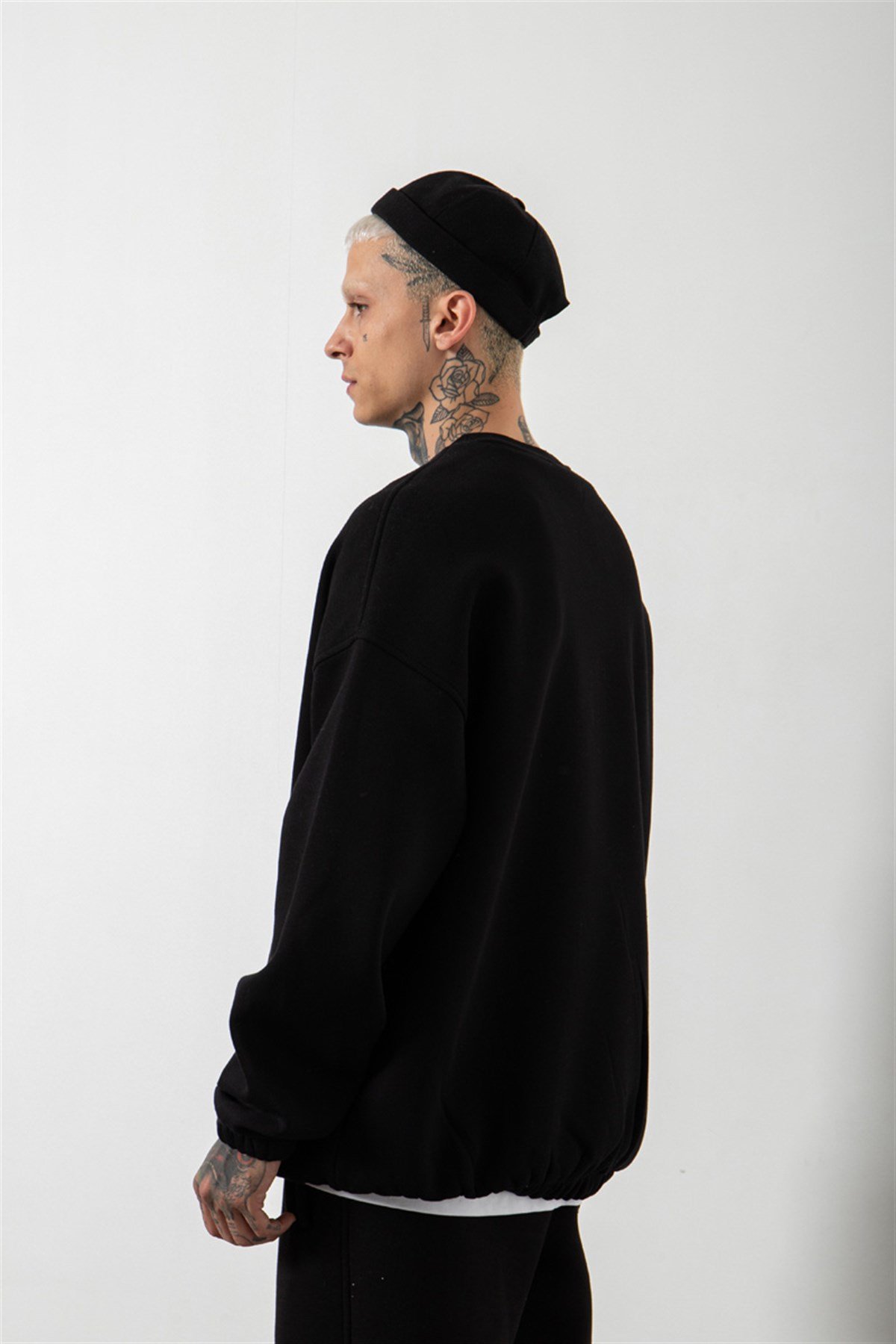Superoversize Basic Cepli Lastikli Siyah Sweatshirt