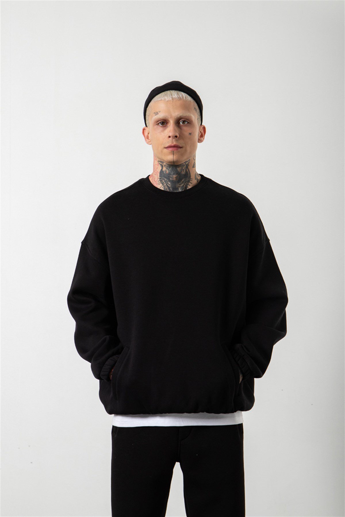 Superoversize Basic Cepli Lastikli Siyah Sweatshirt