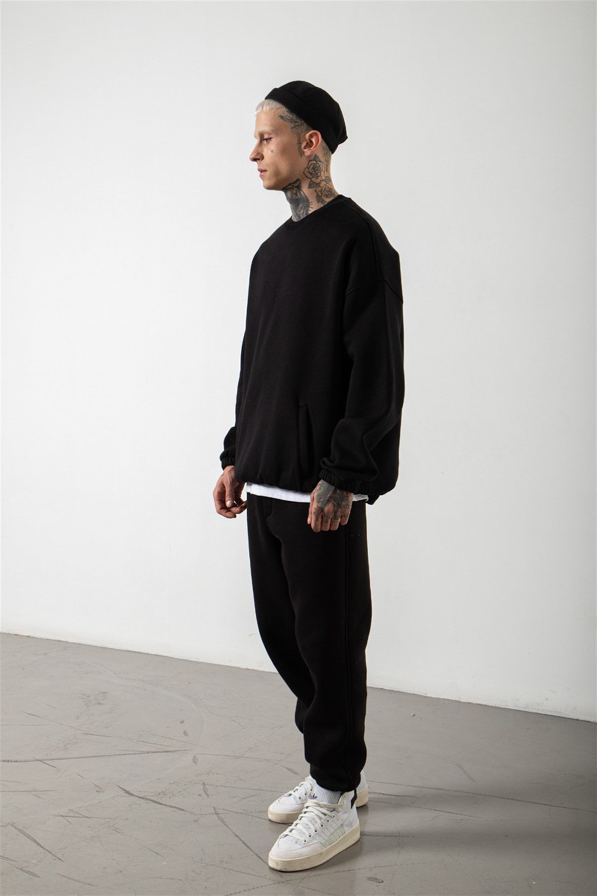 Superoversize Basic Cepli Lastikli Siyah Sweatshirt
