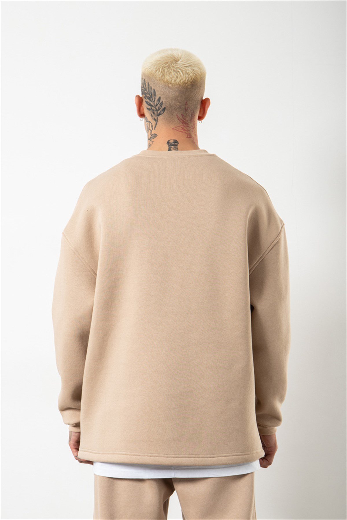 Süper Oversize Cepli Bisiklet Yaka Basic Sweatshirt BEJ