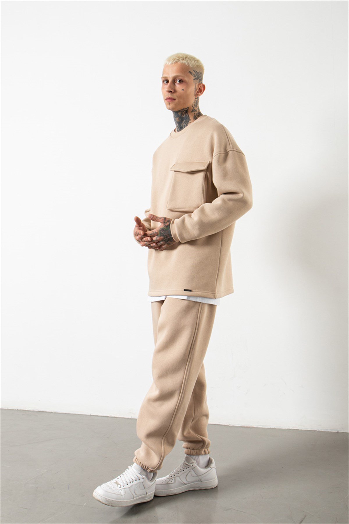 Süper Oversize Cepli Bisiklet Yaka Basic Sweatshirt BEJ