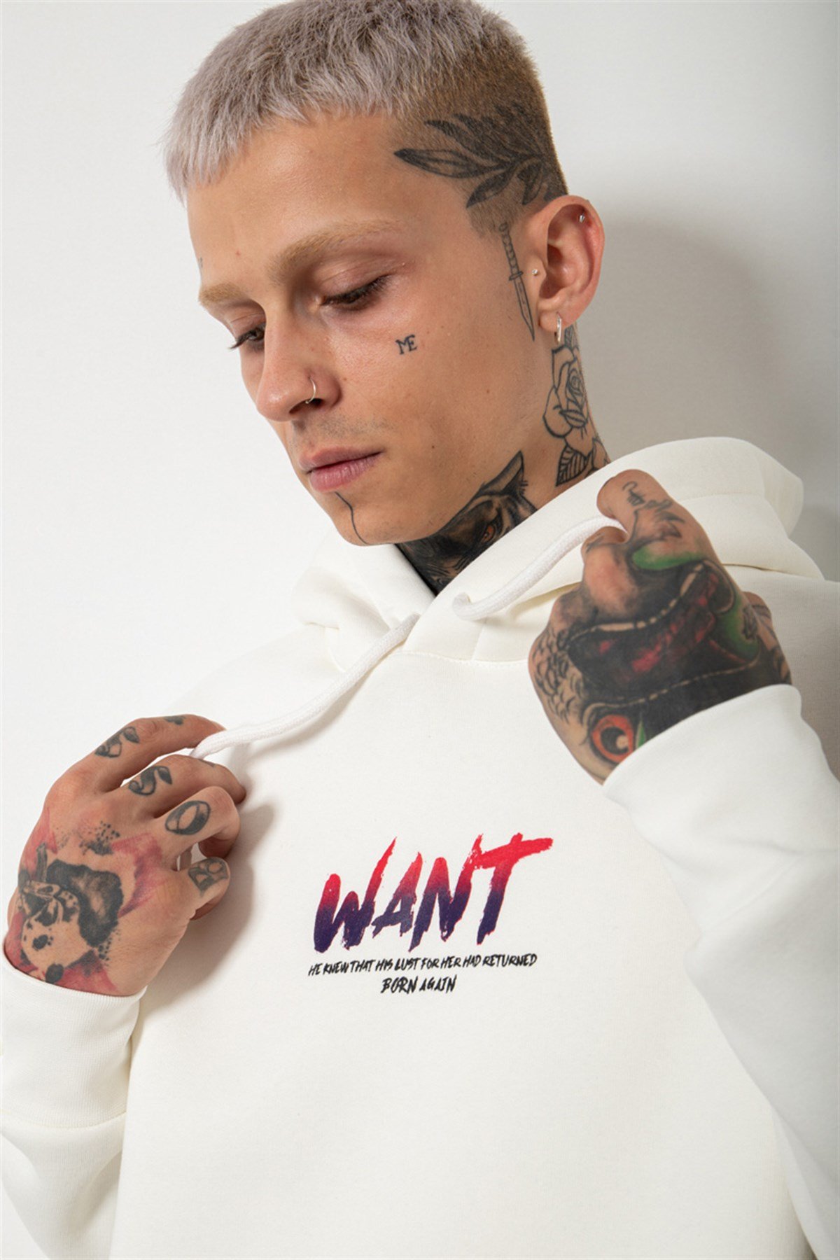 Oversize Want Baskılı Kapüşonlu Sweatshirt EKRU