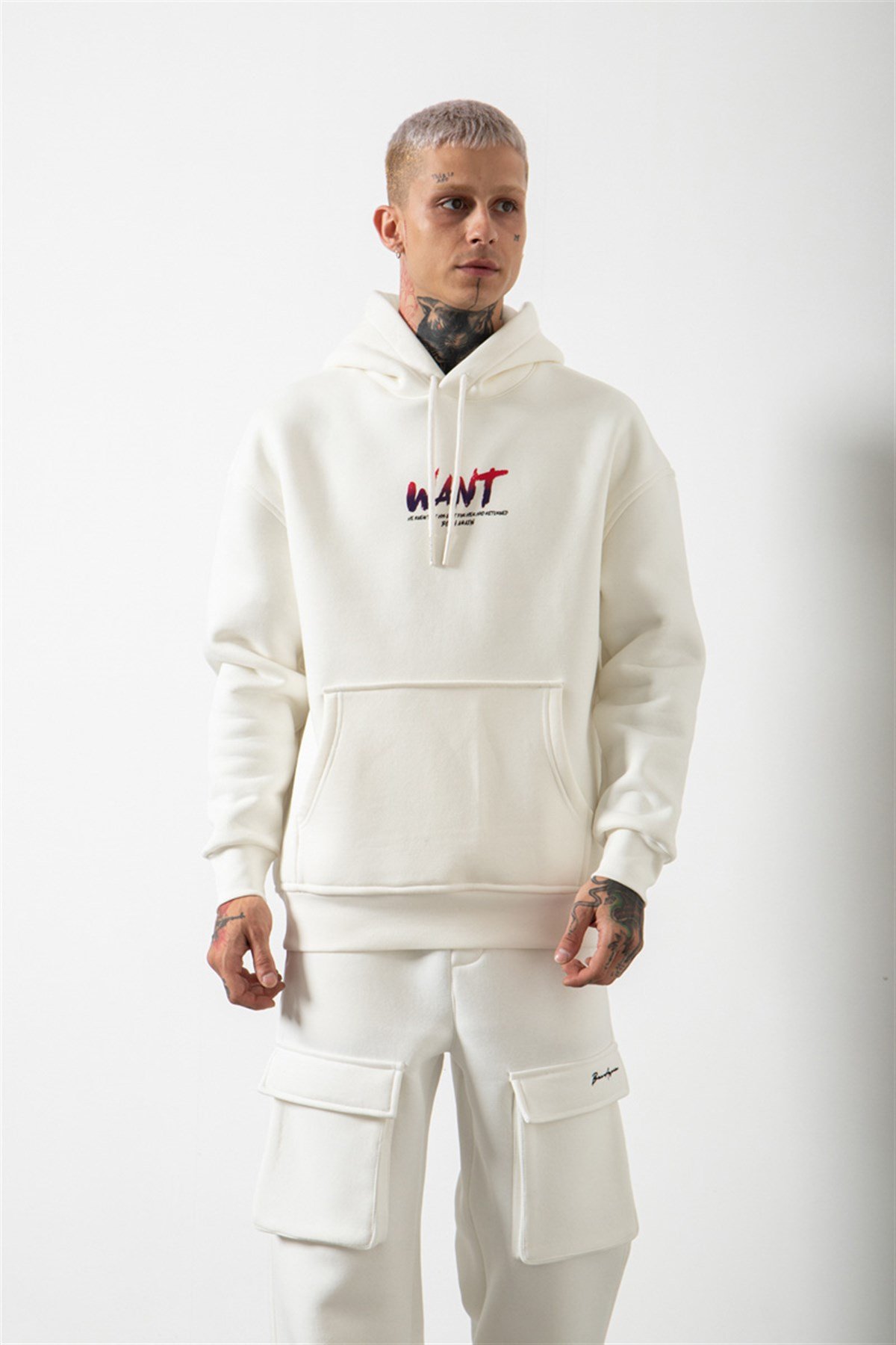 Oversize Want Baskılı Kapüşonlu Sweatshirt EKRU