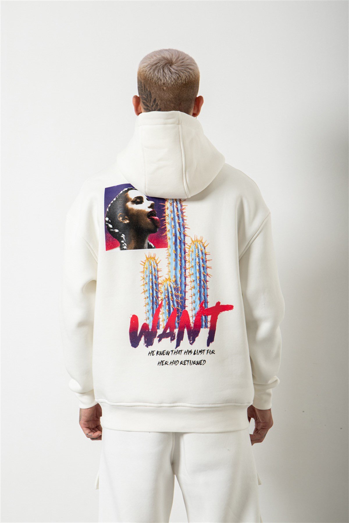 Oversize Want Baskılı Kapüşonlu Sweatshirt EKRU