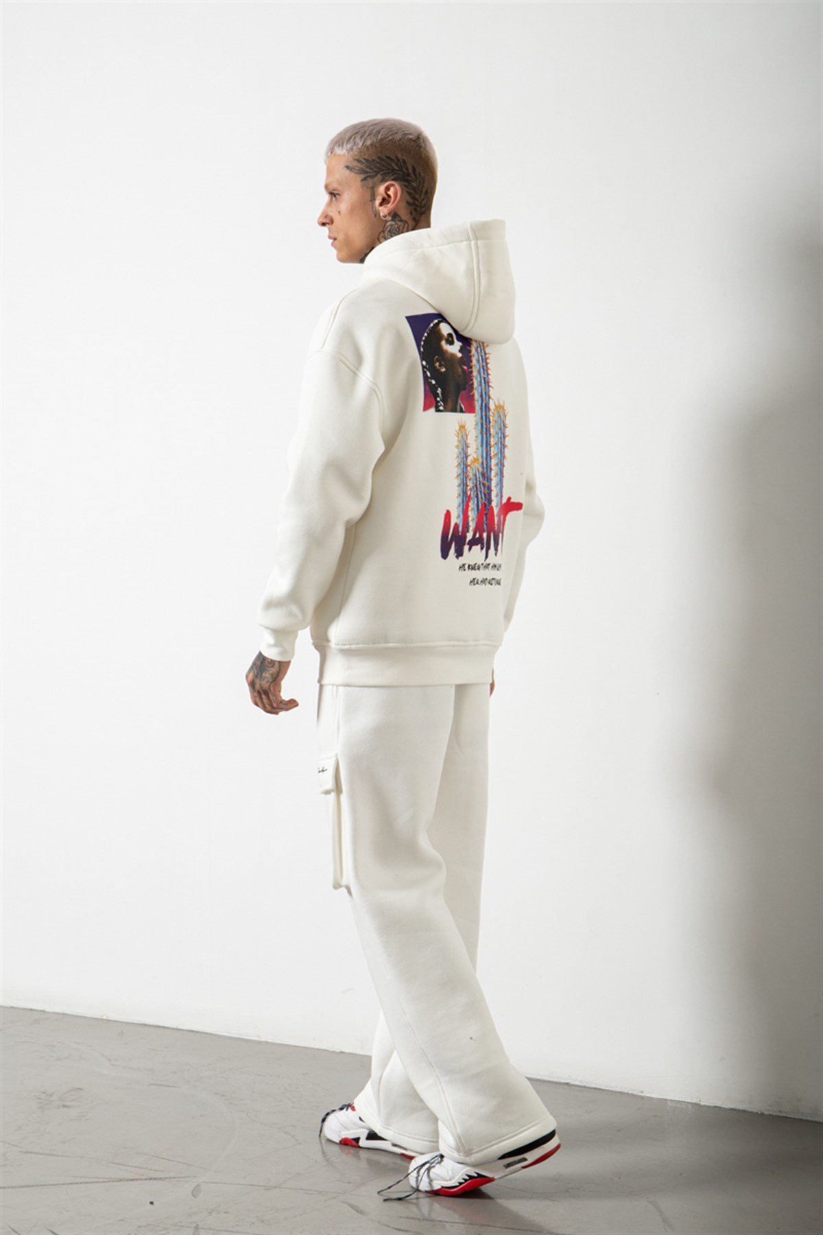 Oversize Want Baskılı Kapüşonlu Sweatshirt EKRU