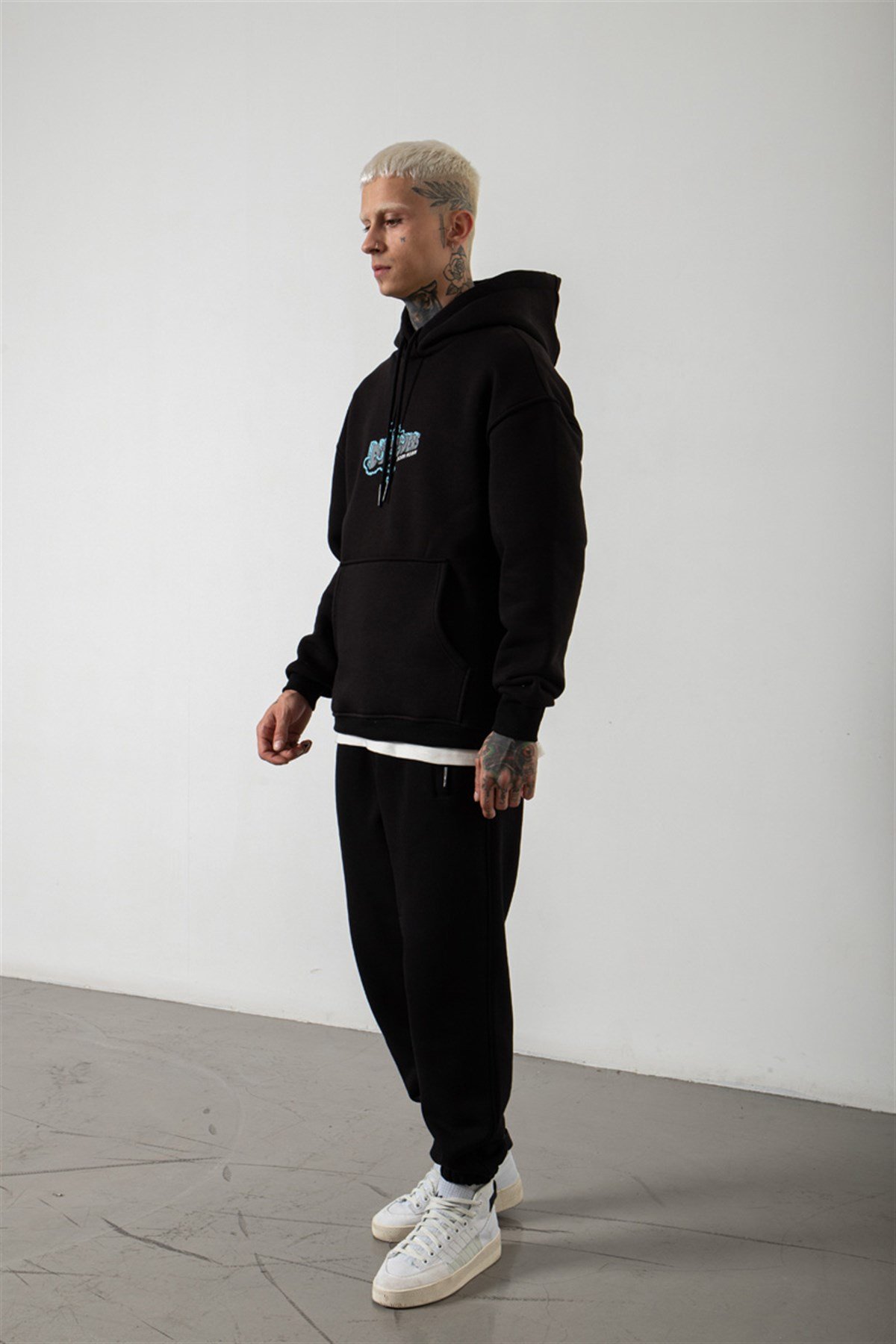 Oversize Discovers Baskılı Kapüşonlu Sweatshirt SİYAH