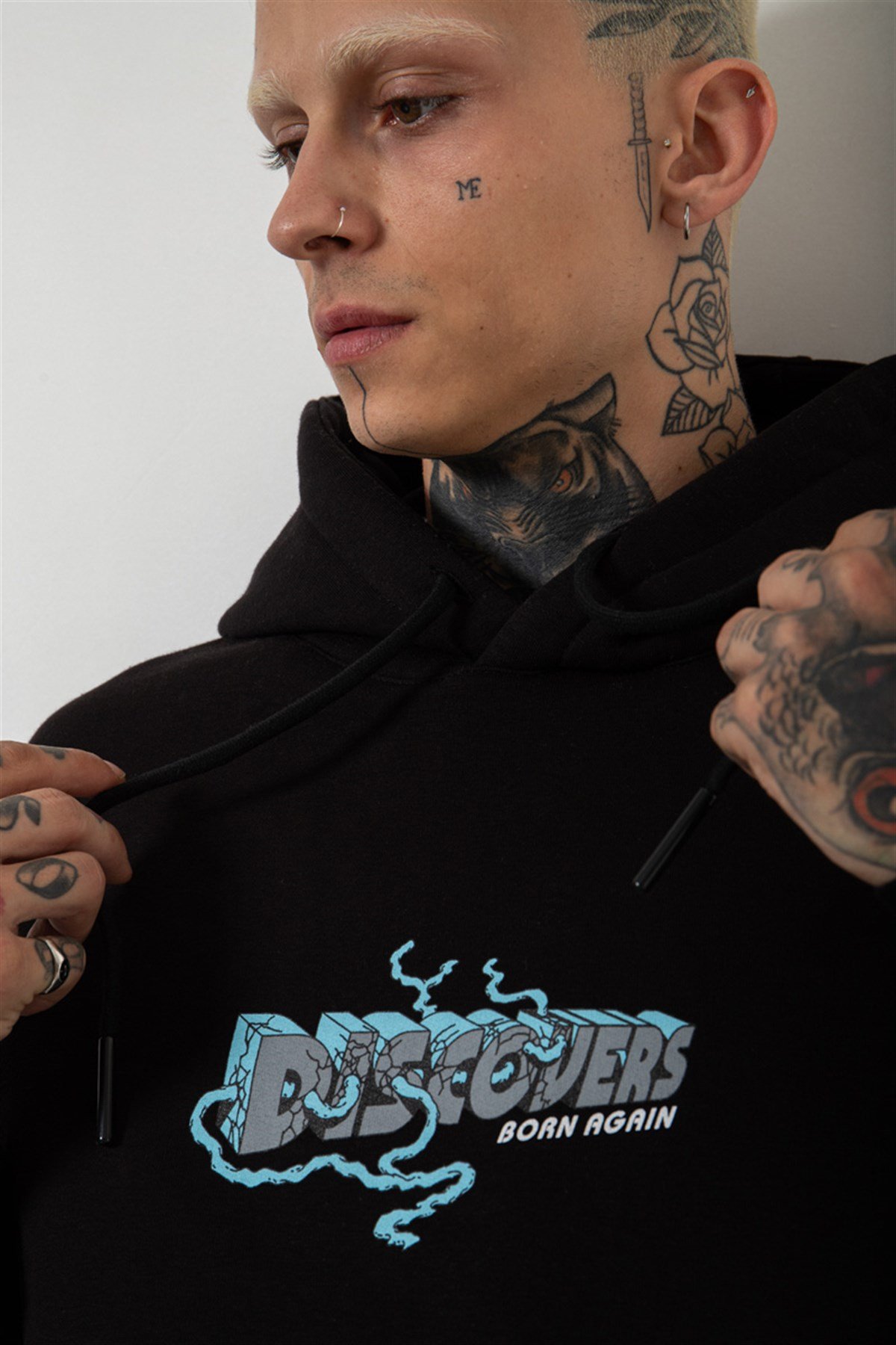 Oversize Discovers Baskılı Kapüşonlu Sweatshirt SİYAH