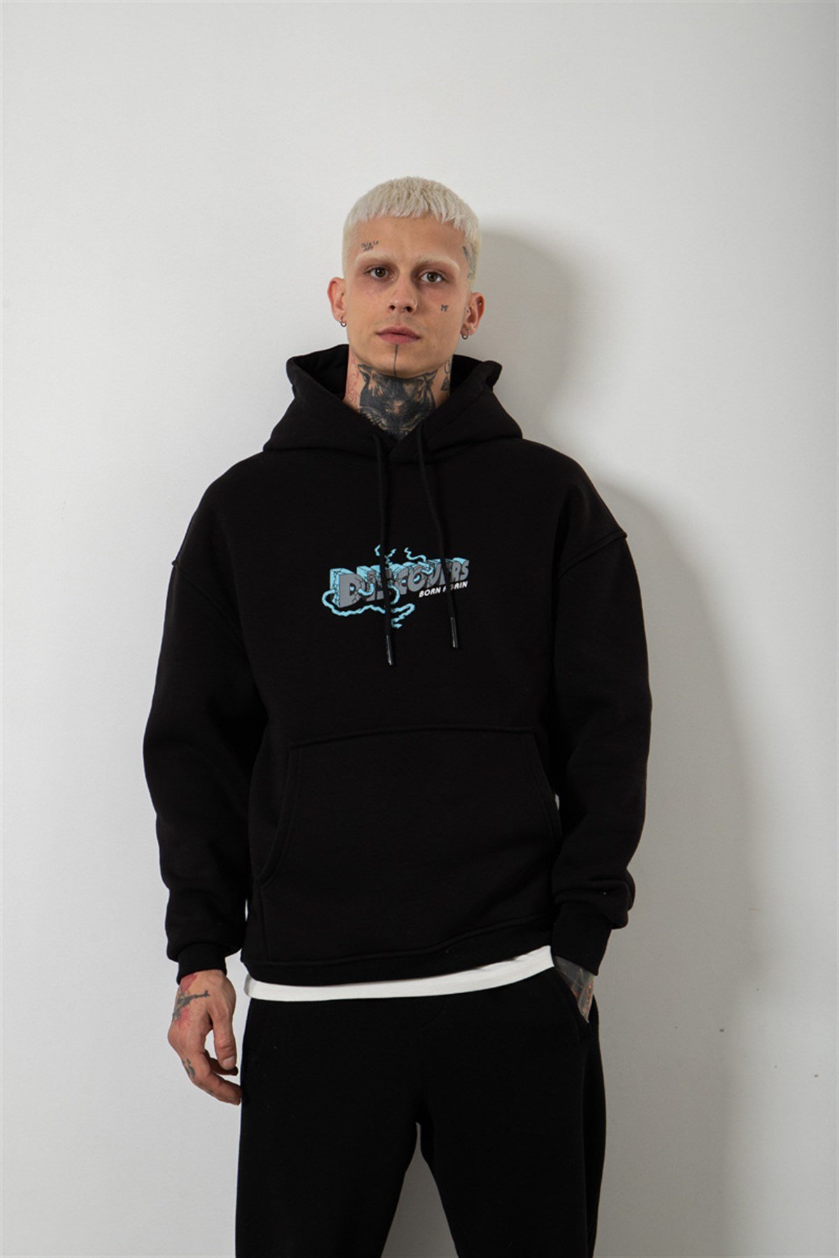 Oversize Discovers Baskılı Kapüşonlu Sweatshirt SİYAH