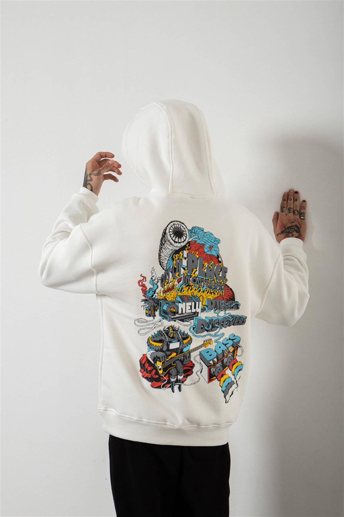 Oversize Discovers Baskılı Kapüşonlu Sweatshirt EKRU