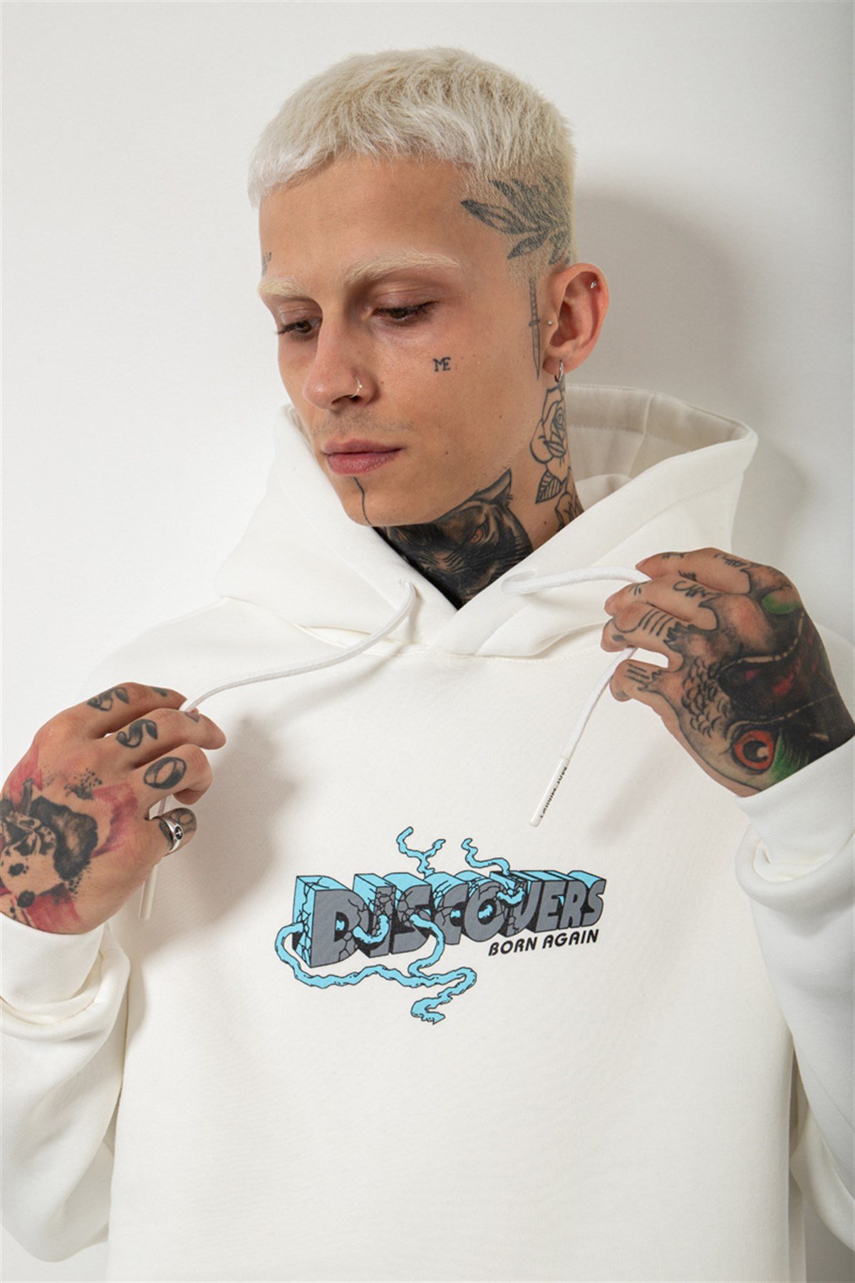 Oversize Discovers Baskılı Kapüşonlu Sweatshirt EKRU