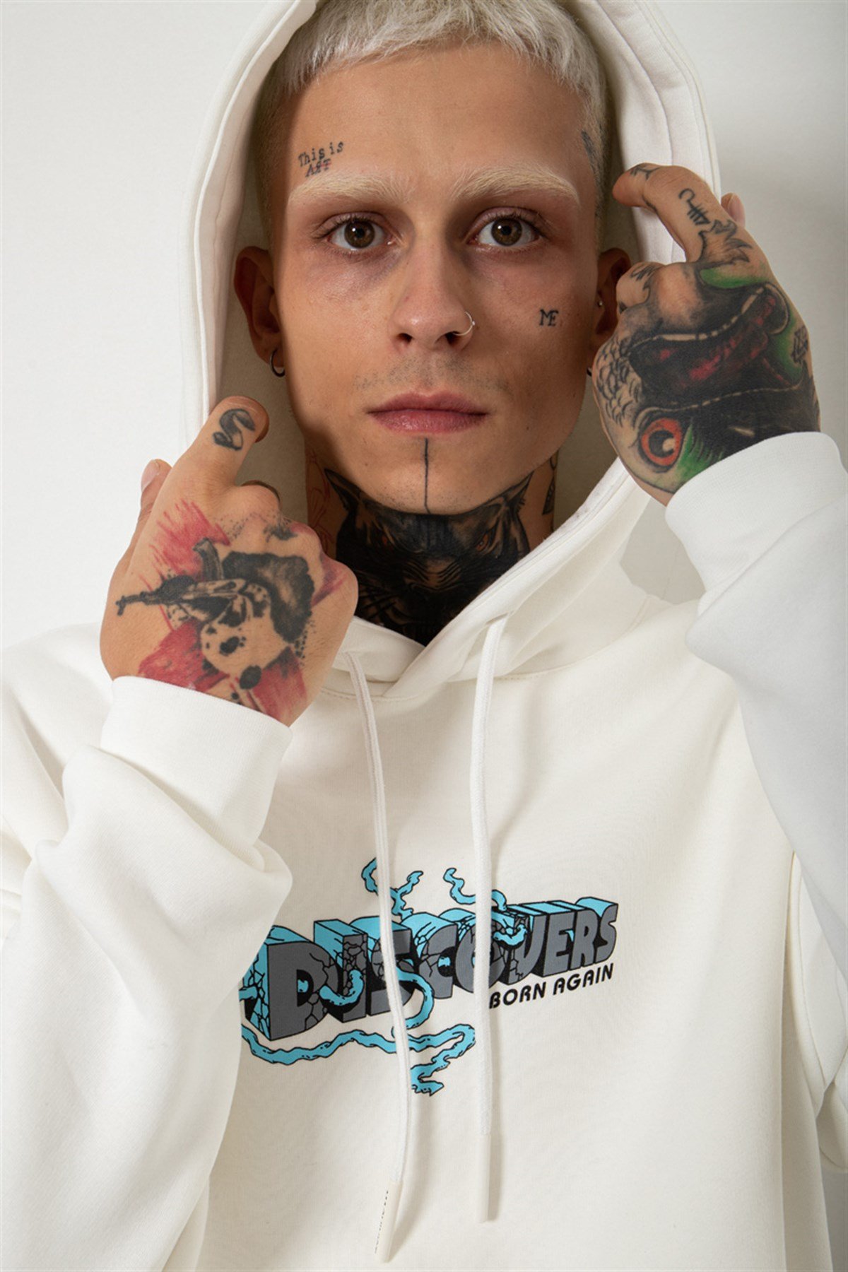 Oversize Discovers Baskılı Kapüşonlu Sweatshirt EKRU