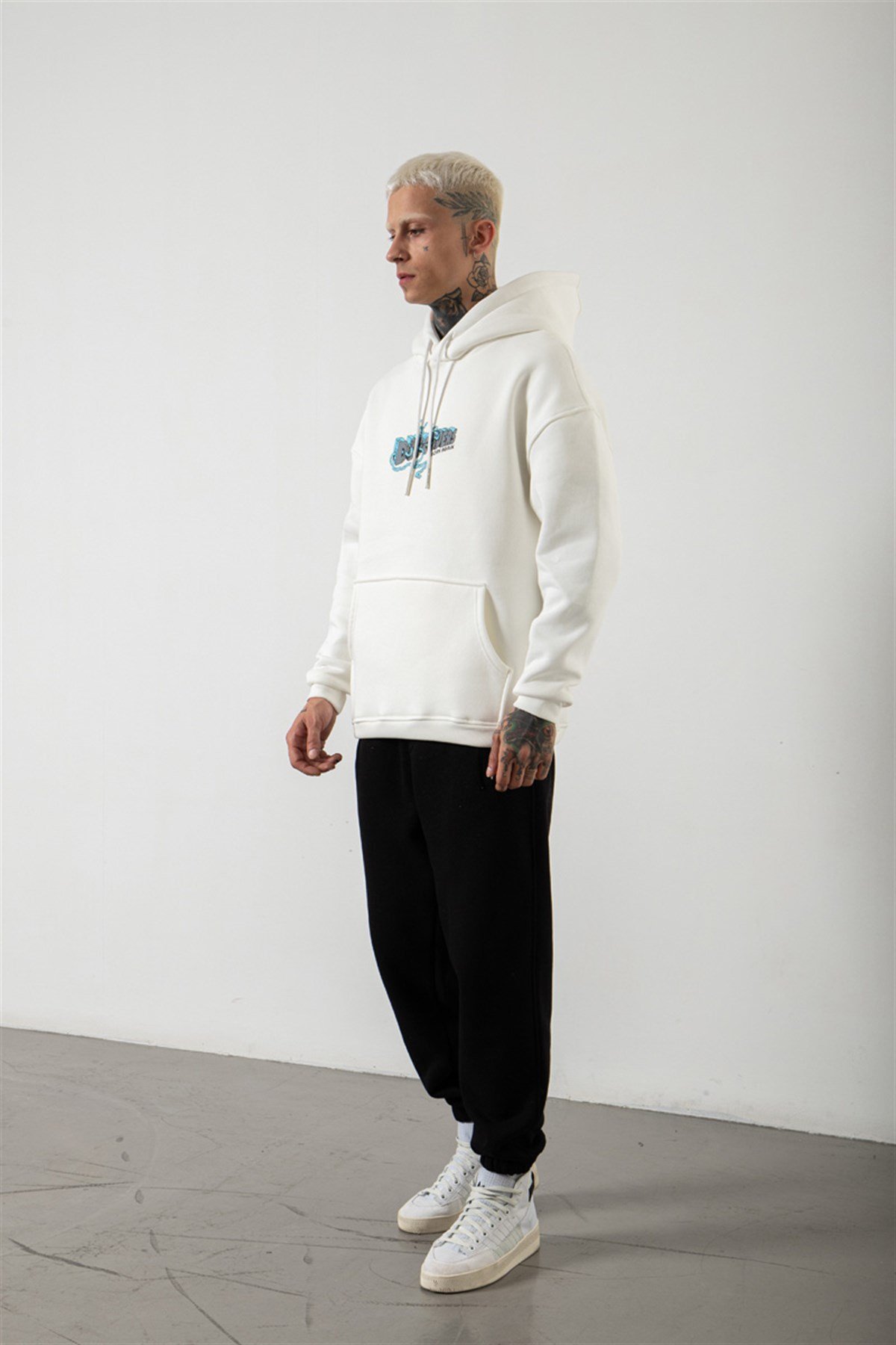Oversize Discovers Baskılı Kapüşonlu Sweatshirt EKRU