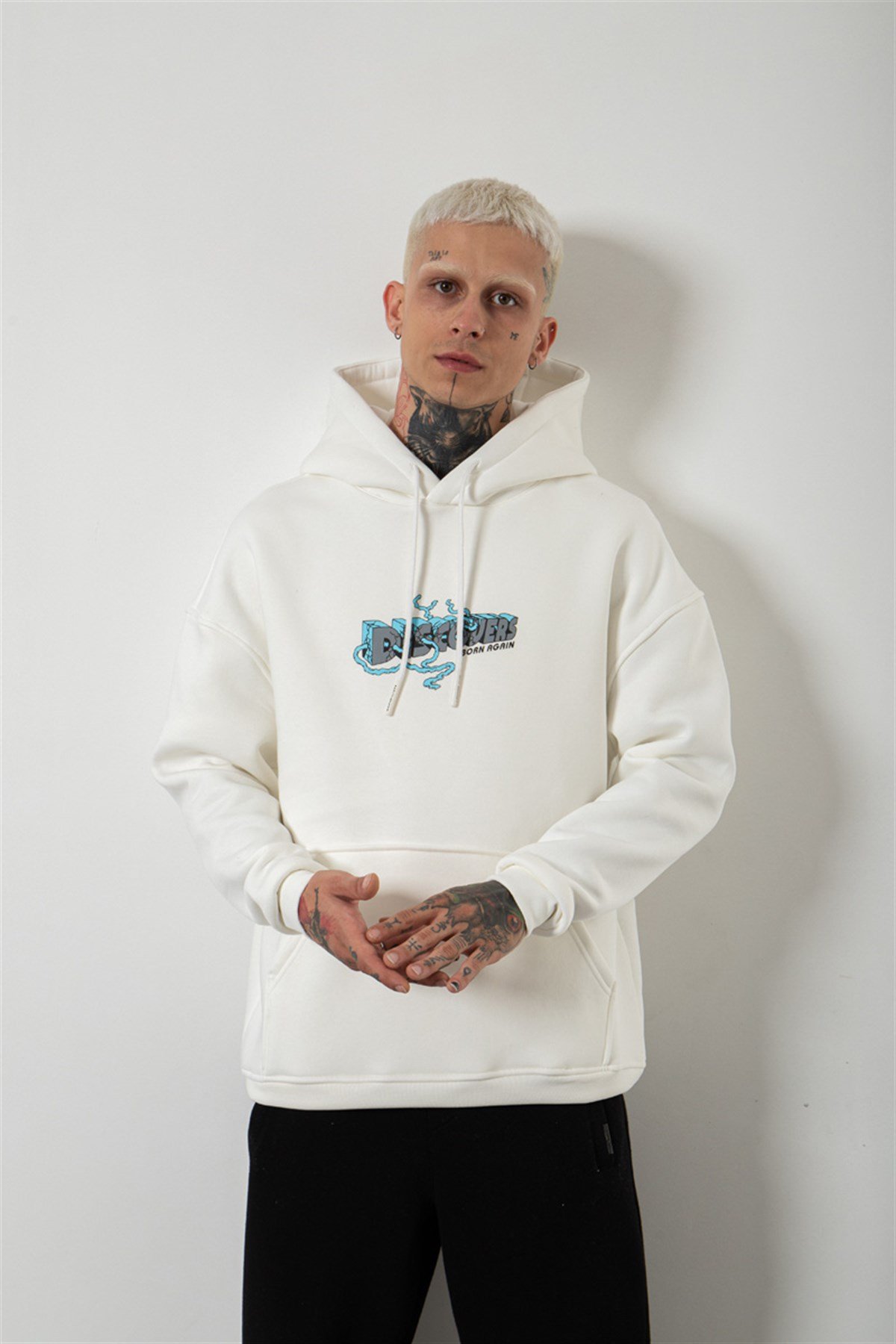 Oversize Discovers Baskılı Kapüşonlu Sweatshirt EKRU