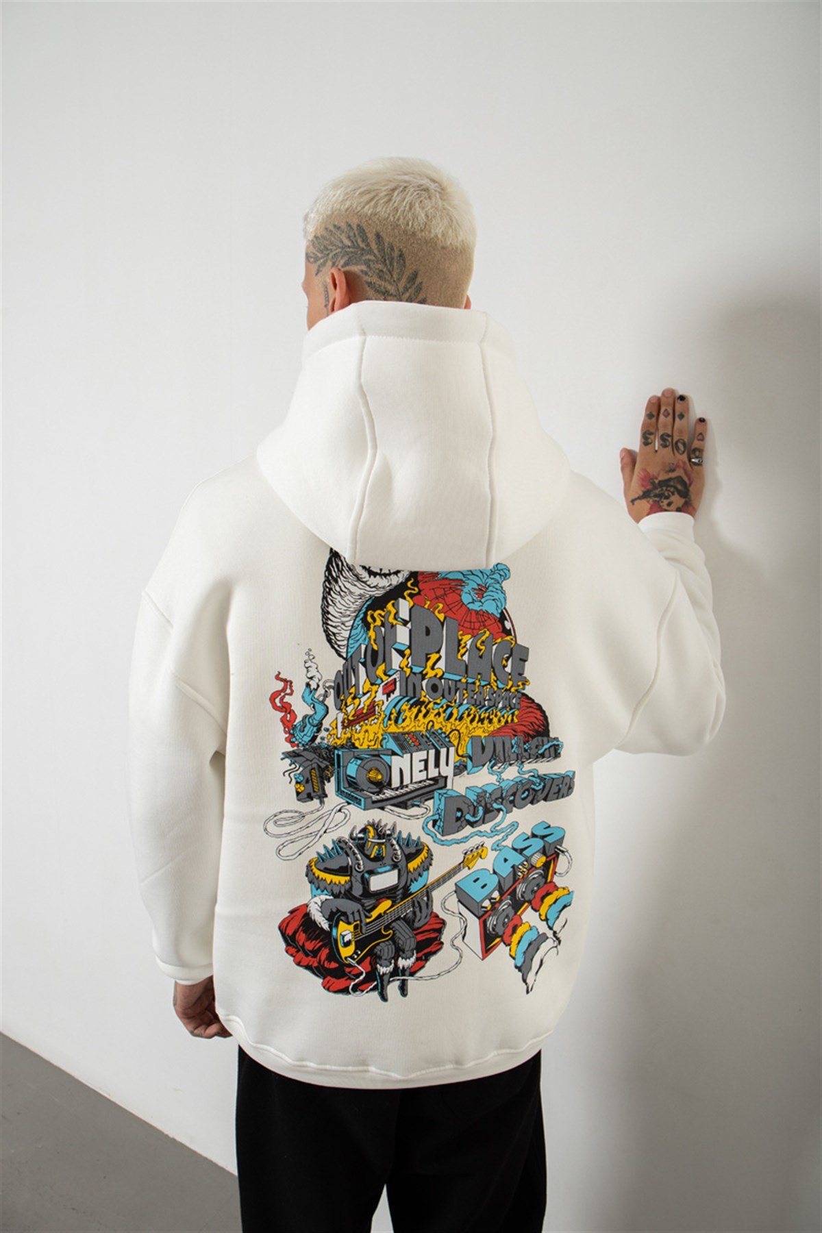 Oversize Discovers Baskılı Kapüşonlu Sweatshirt EKRU