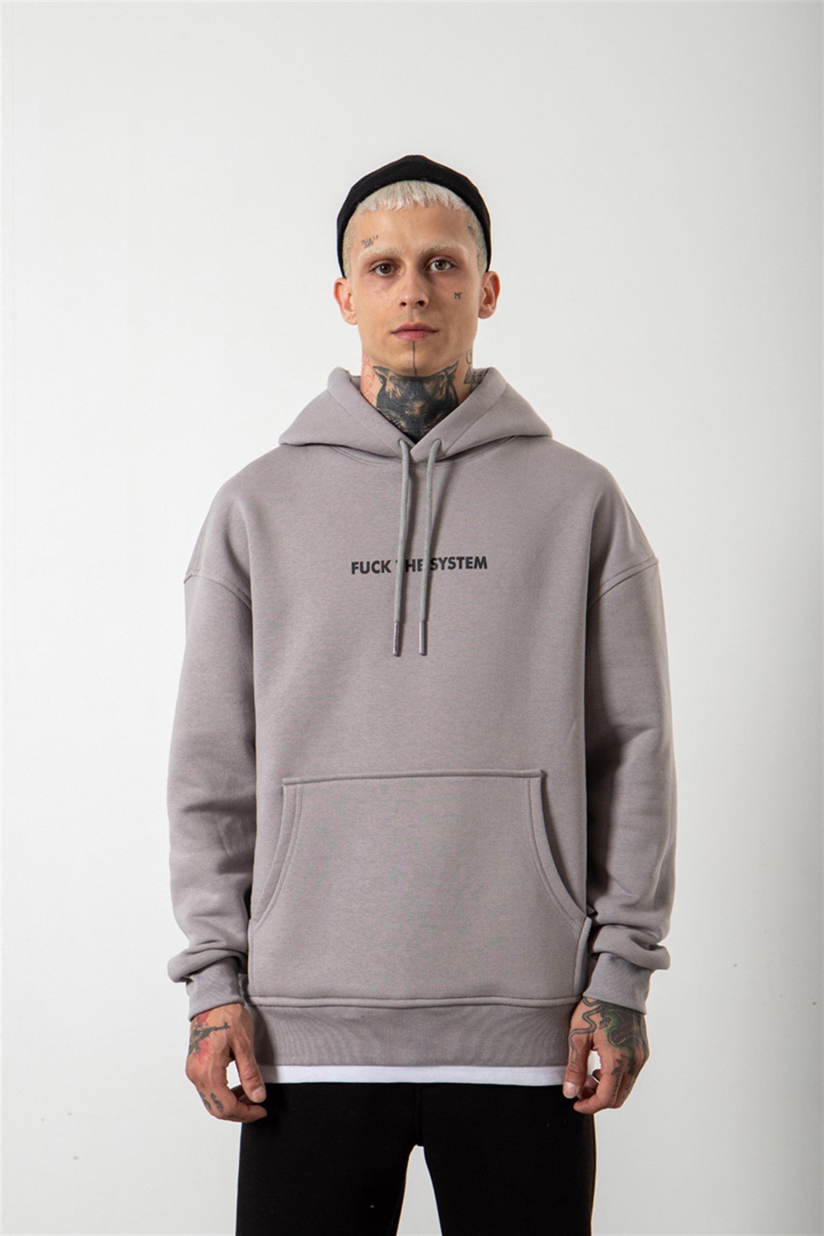 Oversize Game System Baskılı Kapüşonlu Sweatshirt ICE GRİ