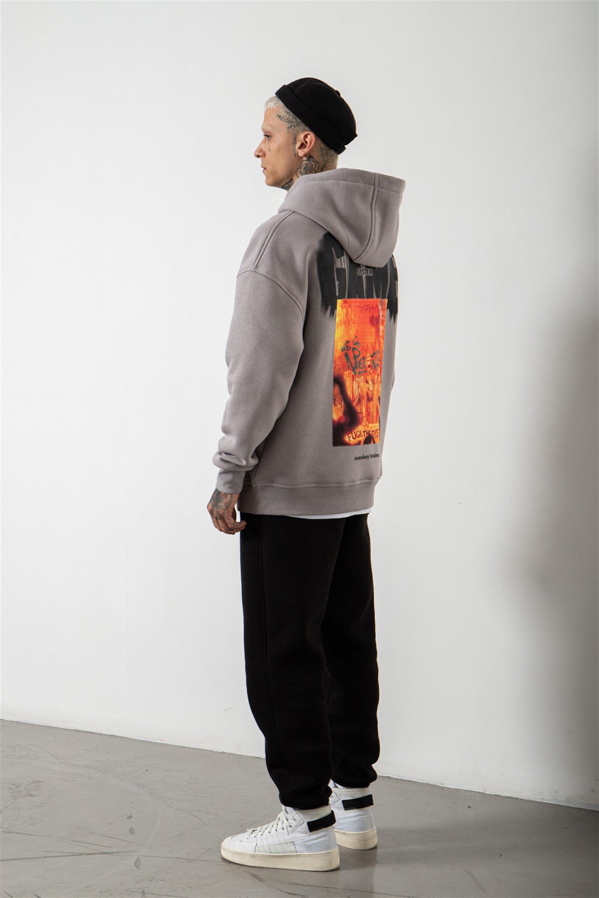 Oversize Game System Baskılı Kapüşonlu Sweatshirt ICE GRİ
