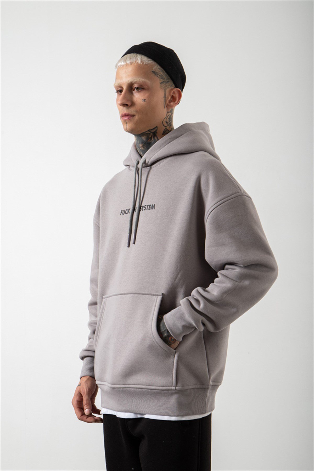 Oversize Game System Baskılı Kapüşonlu Sweatshirt ICE GRİ