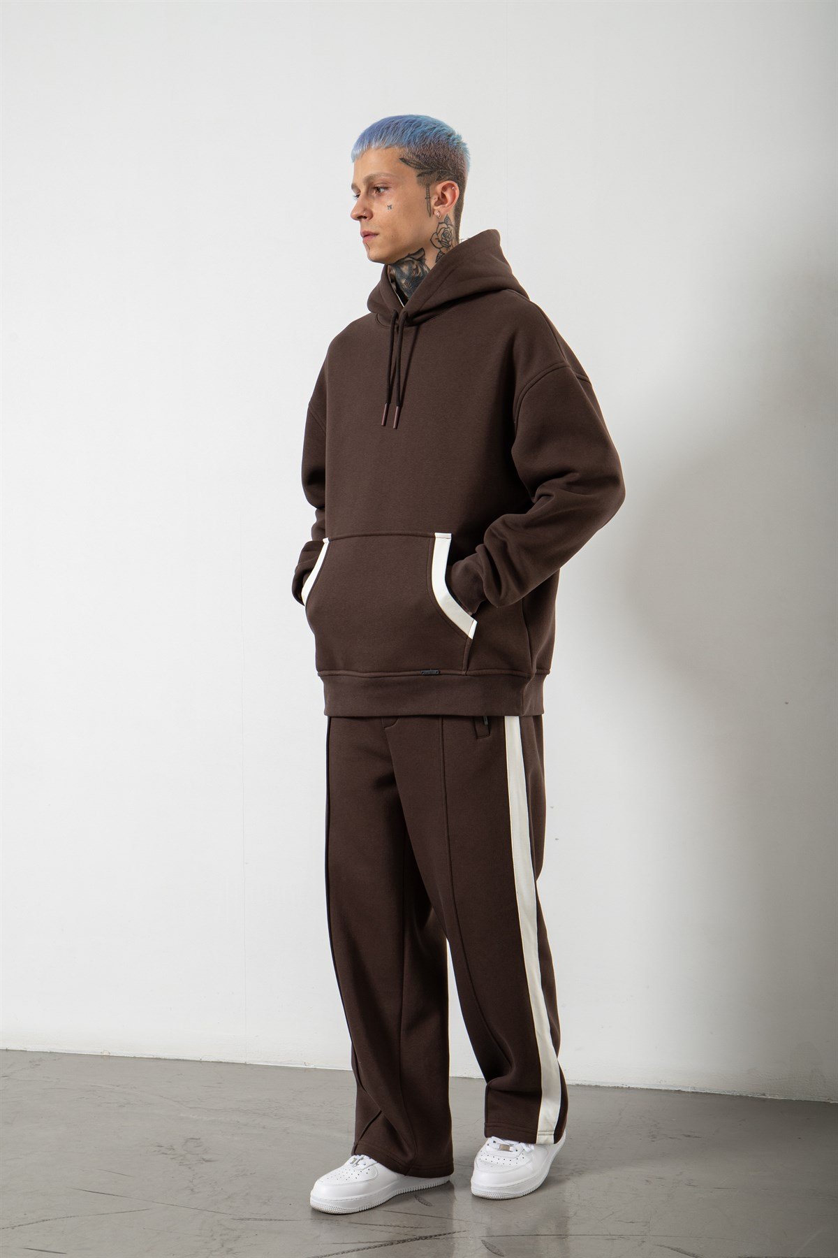 Oversize Çift Renk Detaylı Sweatshirt COFFEE