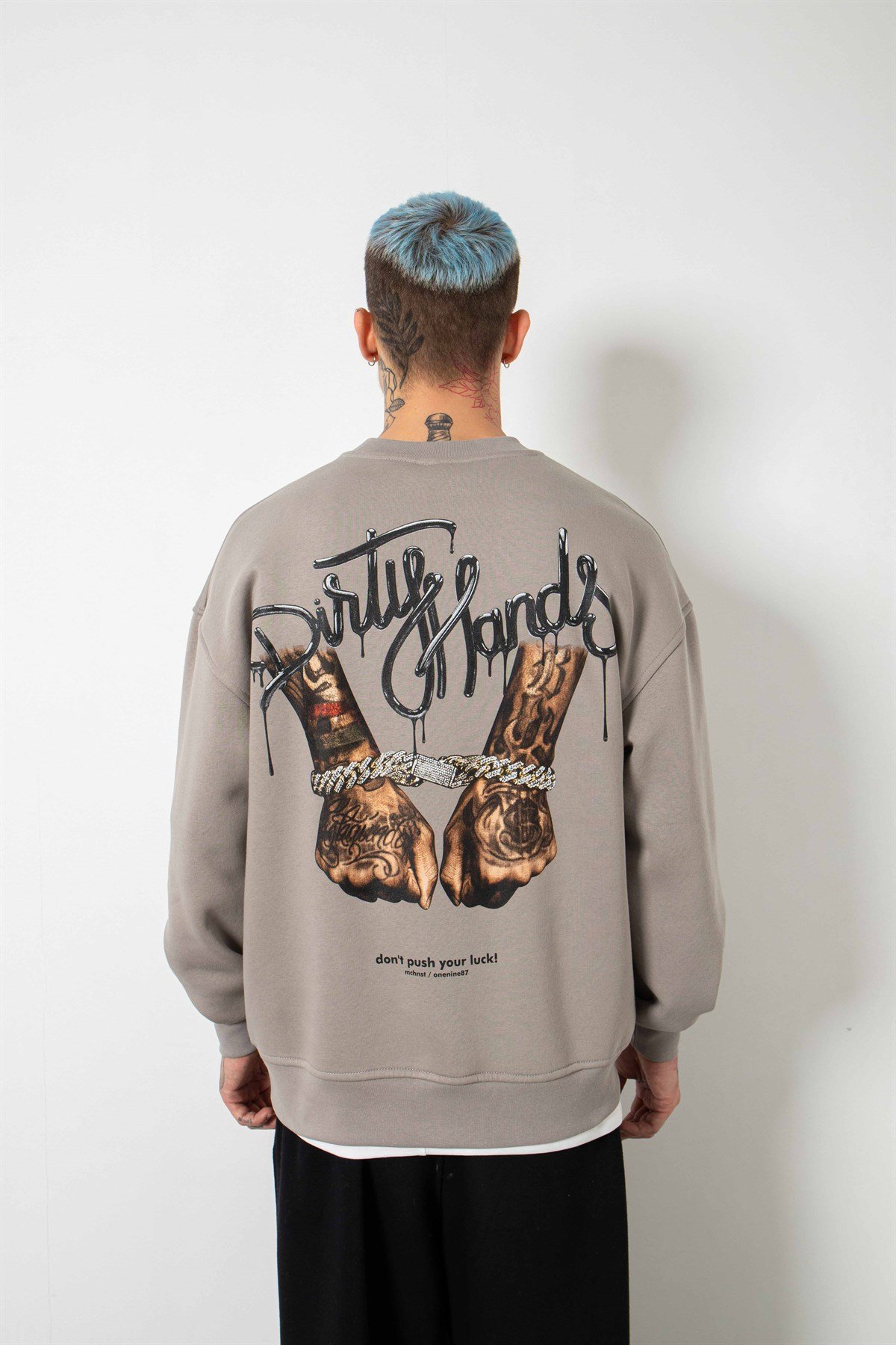 Oversize Dirty Hands Baskılı Sweatshirt ICE GRİ