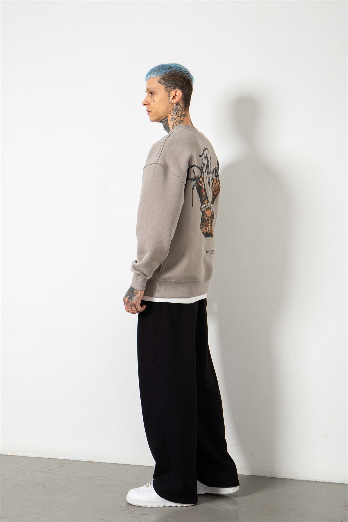 Oversize Dirty Hands Baskılı Sweatshirt ICE GRİ