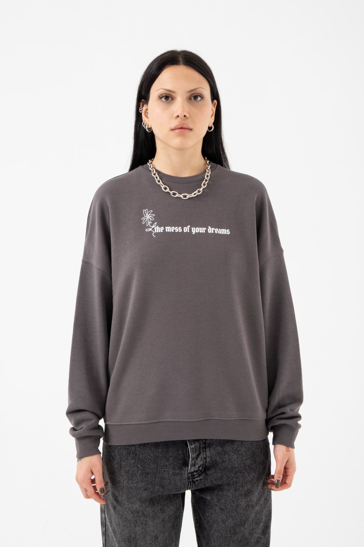Oversize Dreams Şardonsuz Füme Kadın Sweatshirt