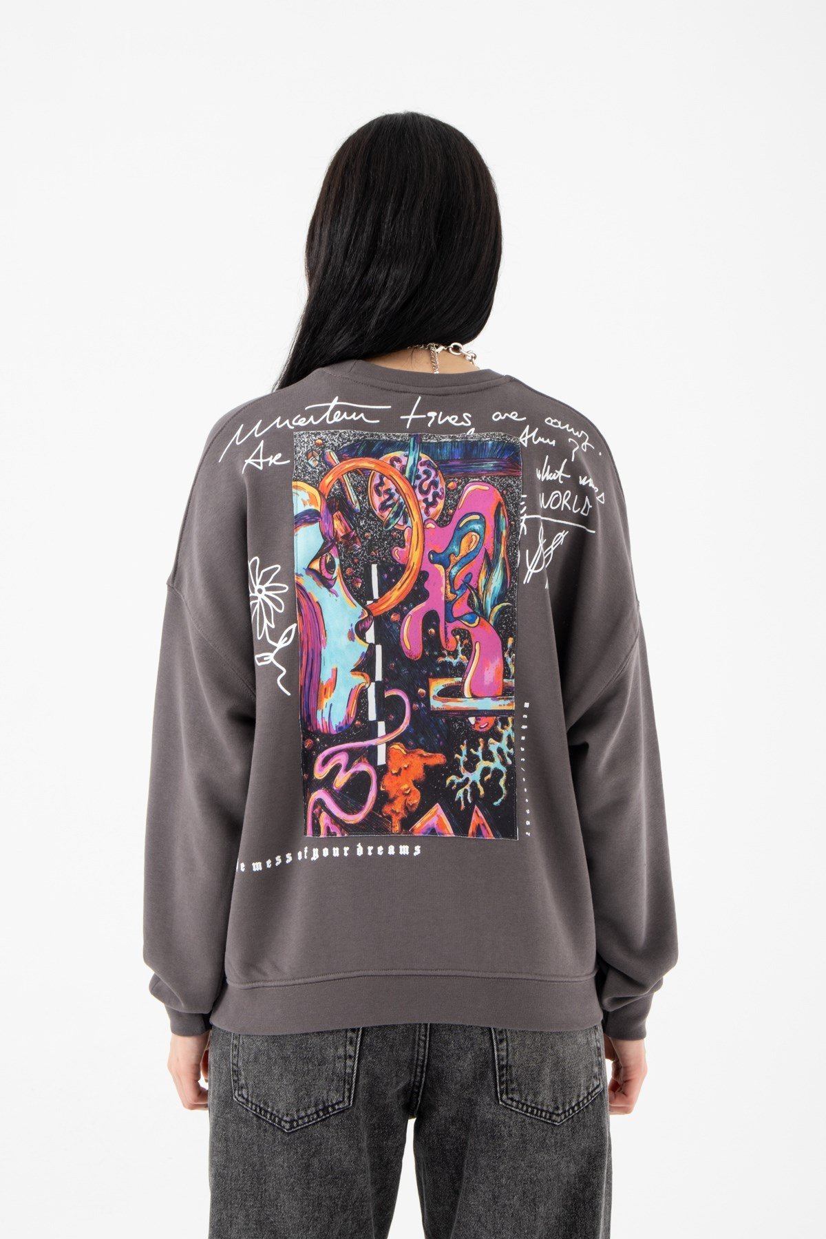 Oversize Dreams Şardonsuz Füme Kadın Sweatshirt