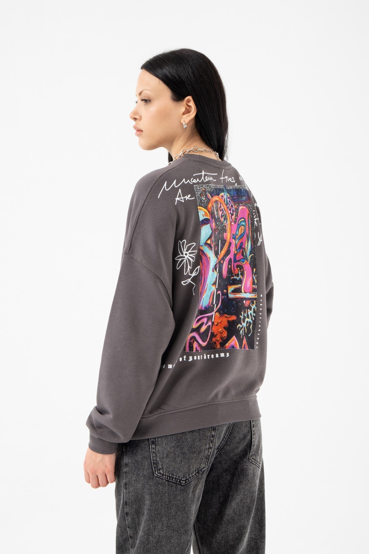 Oversize Dreams Şardonsuz Füme Kadın Sweatshirt