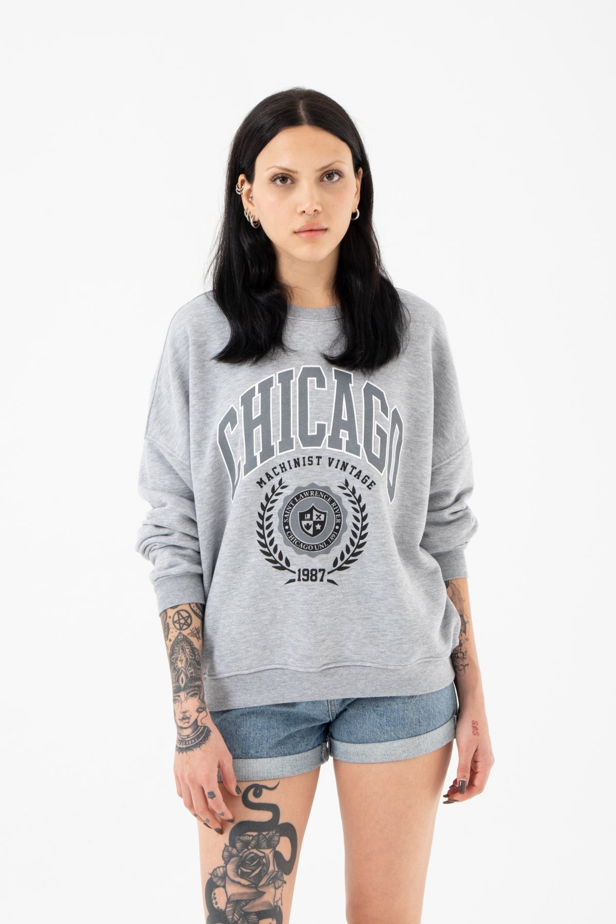 Oversize Chicago Şardonsuz Gri Melanj Kadın Sweatshirt