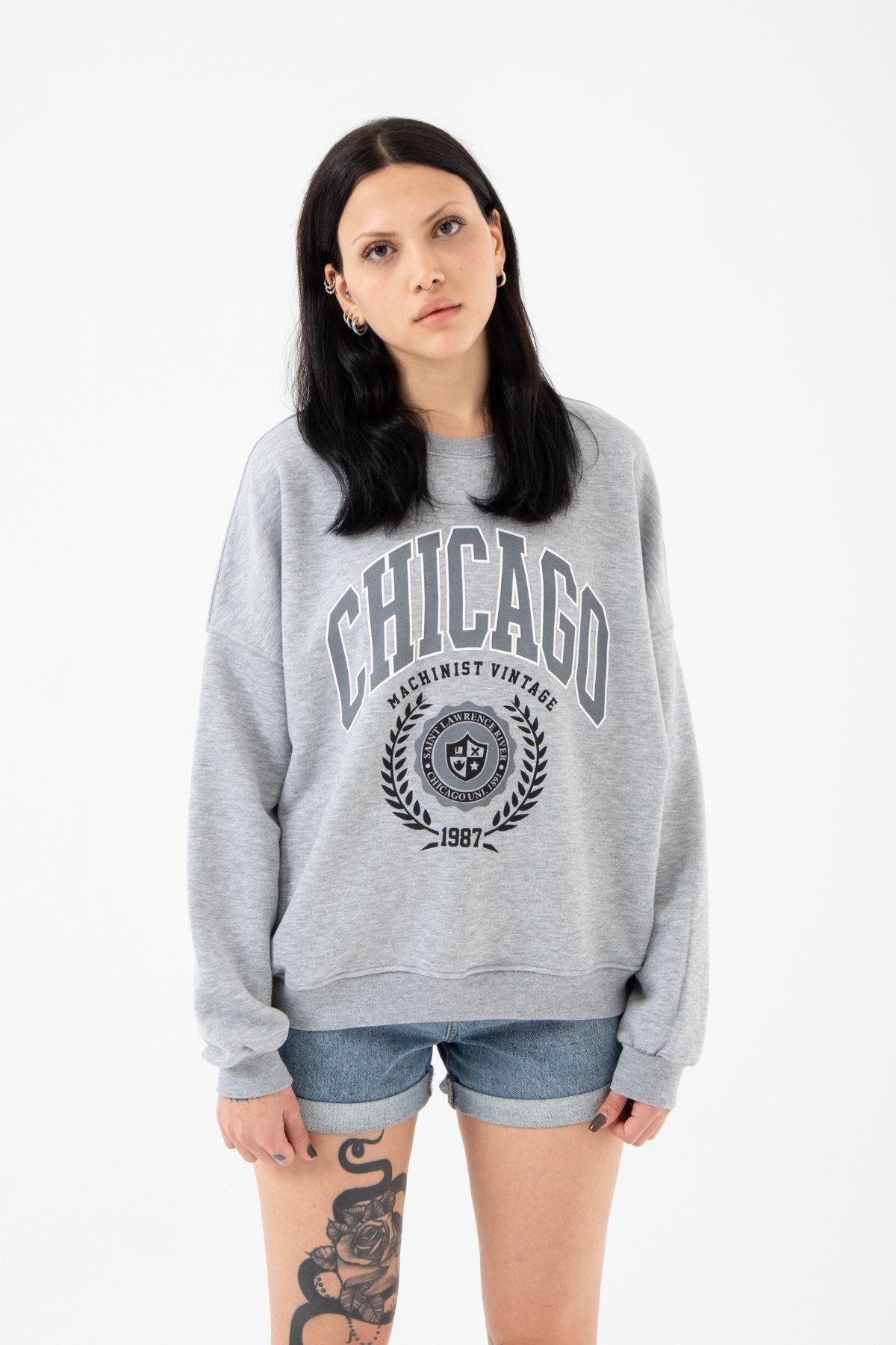 Oversize Chicago Şardonsuz Gri Melanj Kadın Sweatshirt