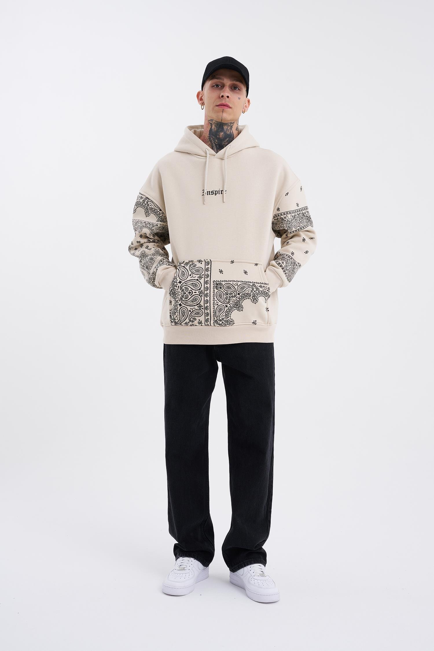 Oversize Inspıre Baskılı Kapüşonlu Sweatshirt DUMAN
