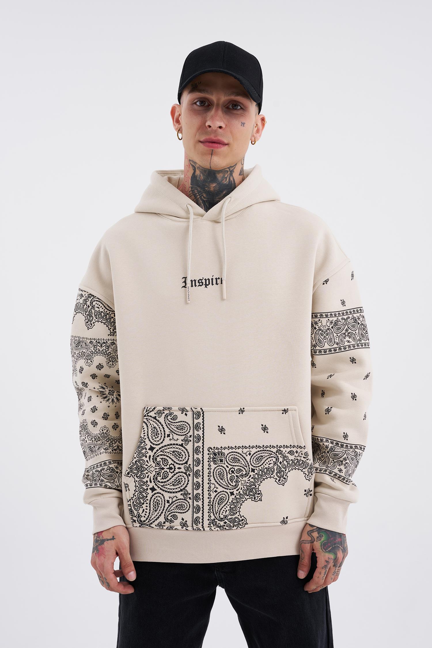 Oversize Inspıre Baskılı Kapüşonlu Sweatshirt DUMAN
