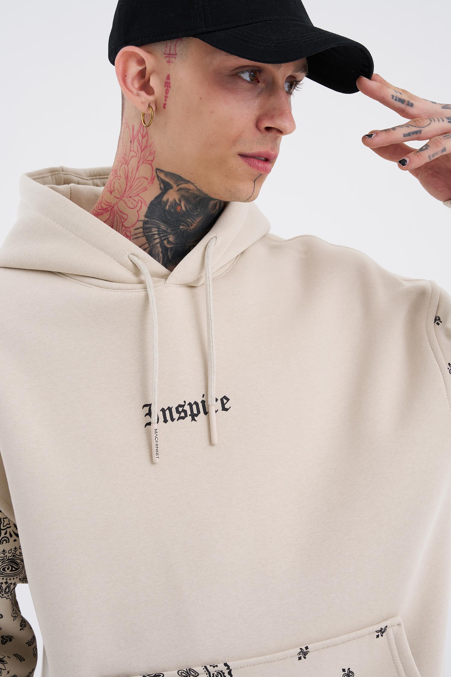Oversize Inspıre Baskılı Kapüşonlu Sweatshirt DUMAN