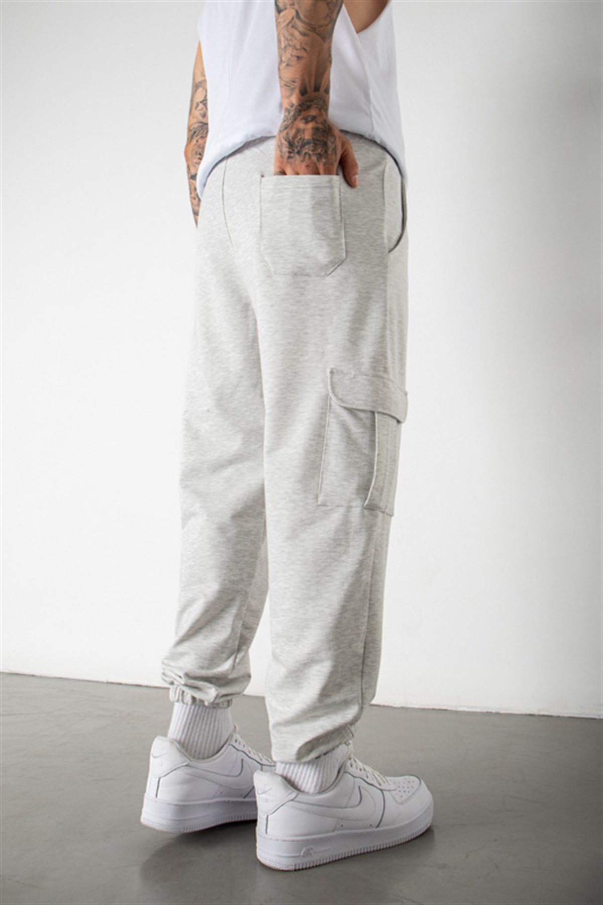 Tall Relaxed Kargo Cepli Beli ve Paçası Lastikli Jogger Eşofman Alt KAR MELANJ