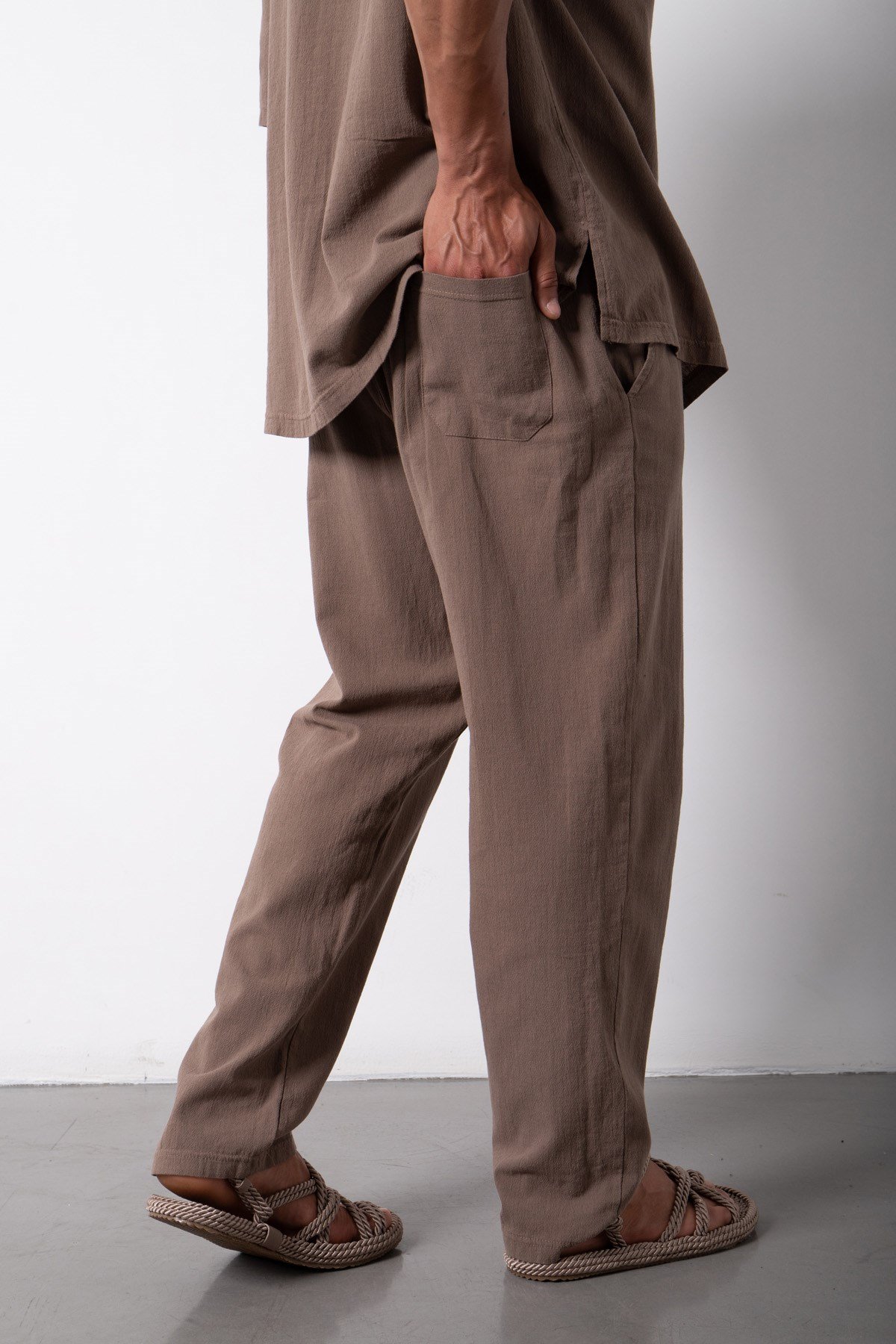 Relaxed Beli Lastikli Keten Pantolon CAMEL