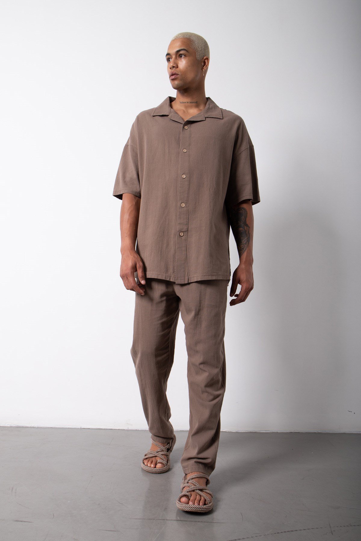 Relaxed Beli Lastikli Keten Pantolon CAMEL
