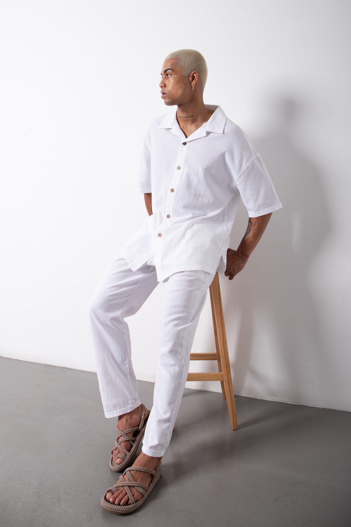 Relaxed Beli Lastikli Keten Pantolon BEYAZ