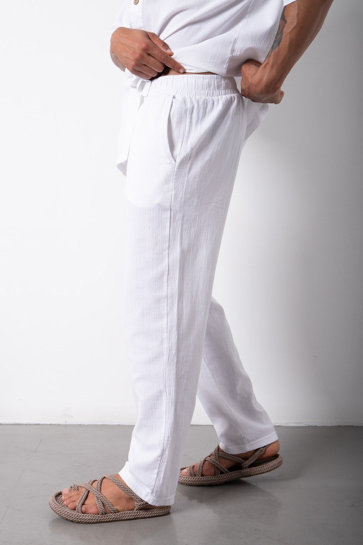Relaxed Beli Lastikli Keten Pantolon BEYAZ