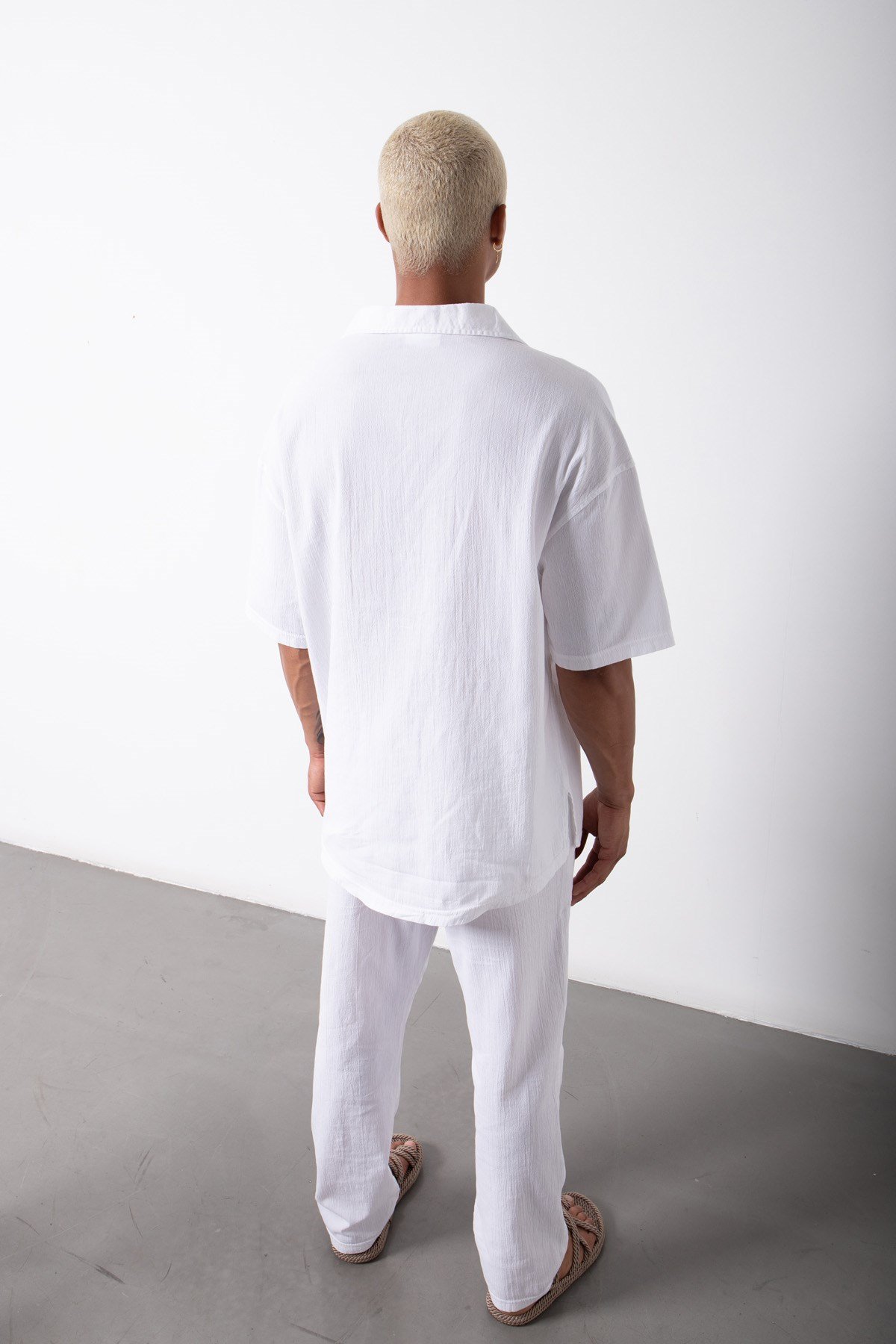 Relaxed Beli Lastikli Keten Pantolon BEYAZ
