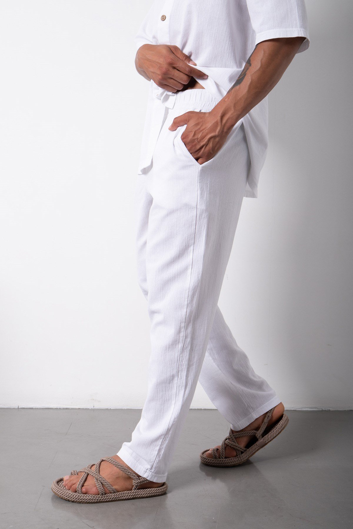 Relaxed Beli Lastikli Keten Pantolon BEYAZ