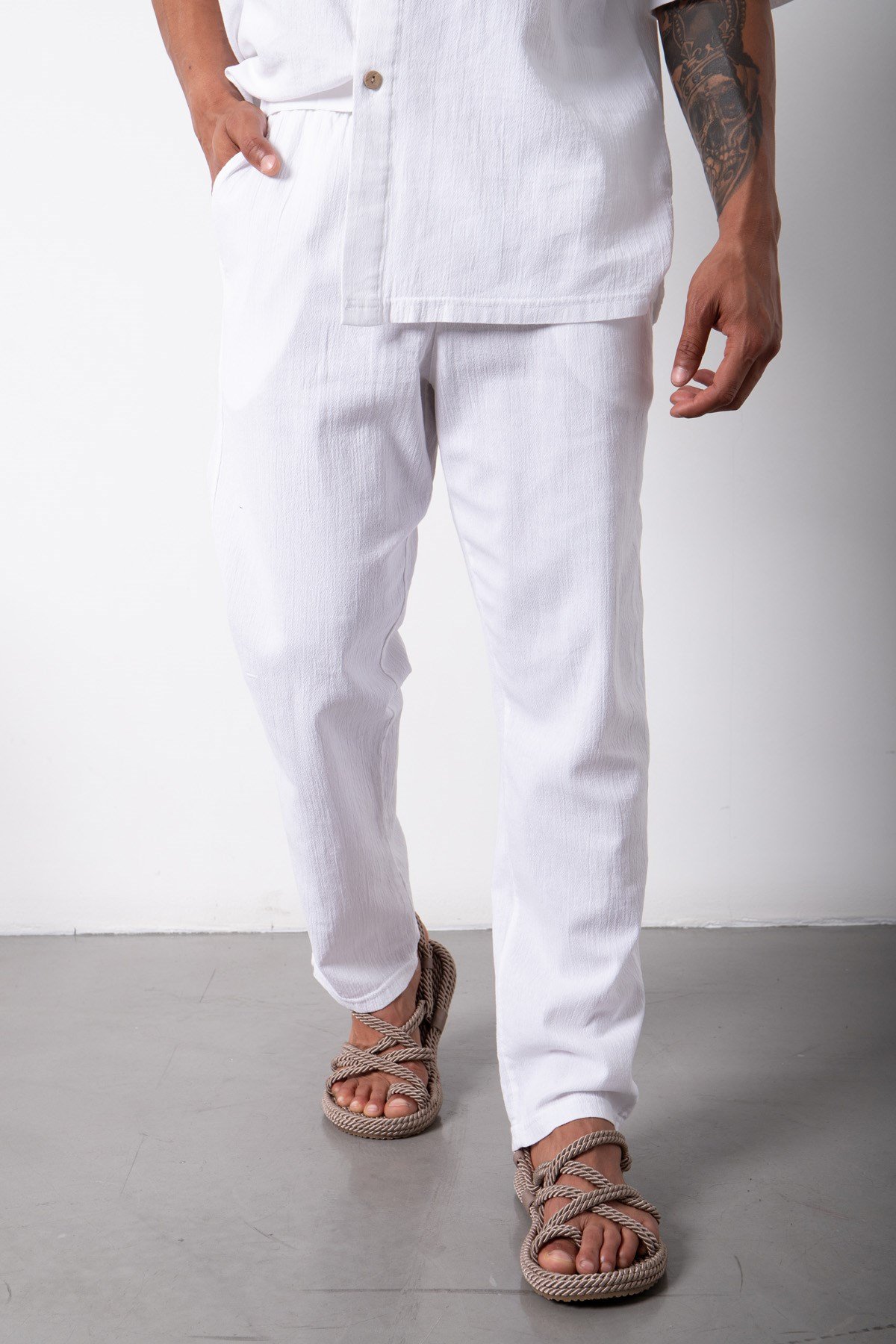 Relaxed Beli Lastikli Keten Pantolon BEYAZ
