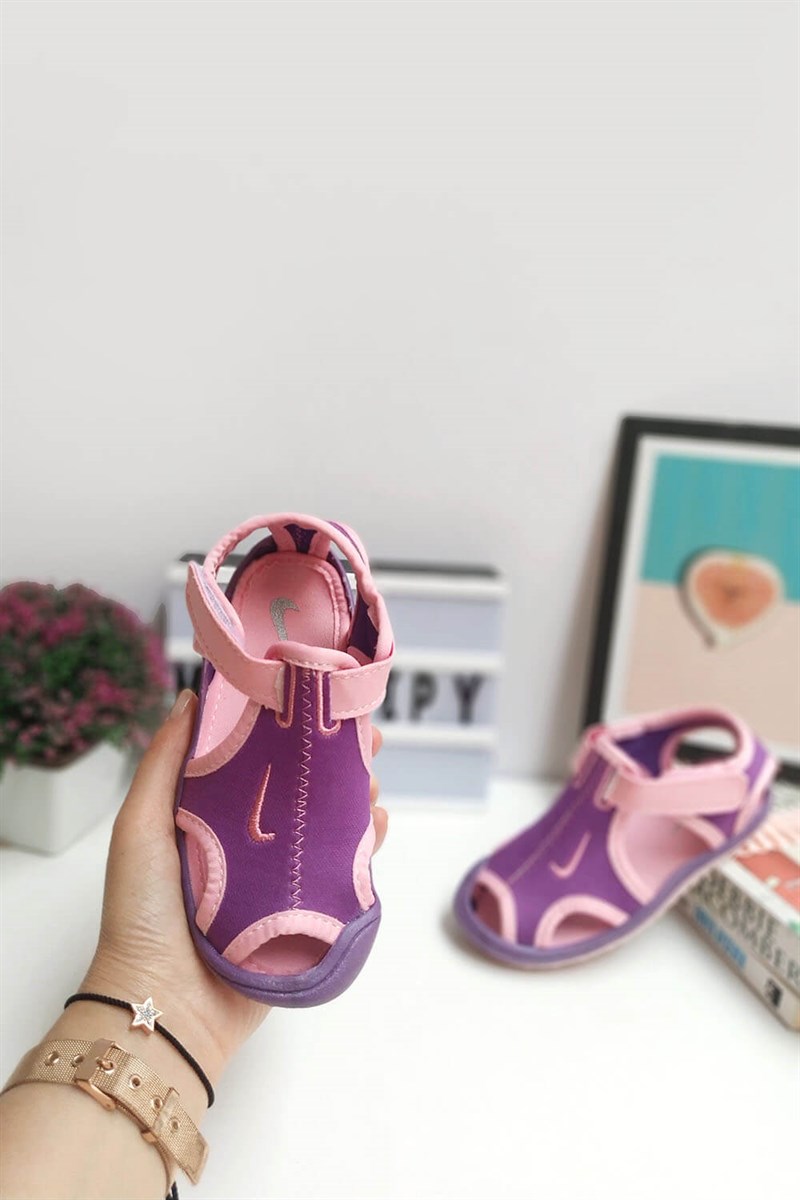 Amblem Baskılı Çırtcırtlı Çocuk Sandalet Mor Pembe