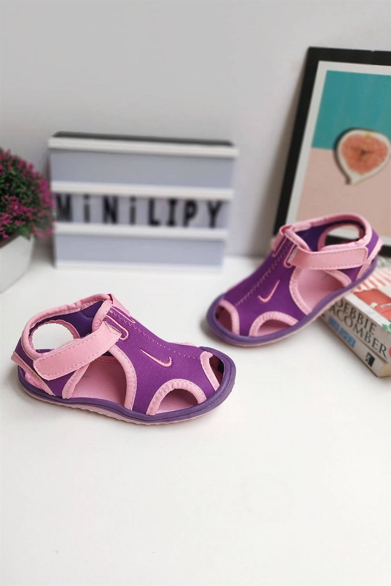 Amblem Baskılı Çırtcırtlı Çocuk Sandalet Mor Pembe