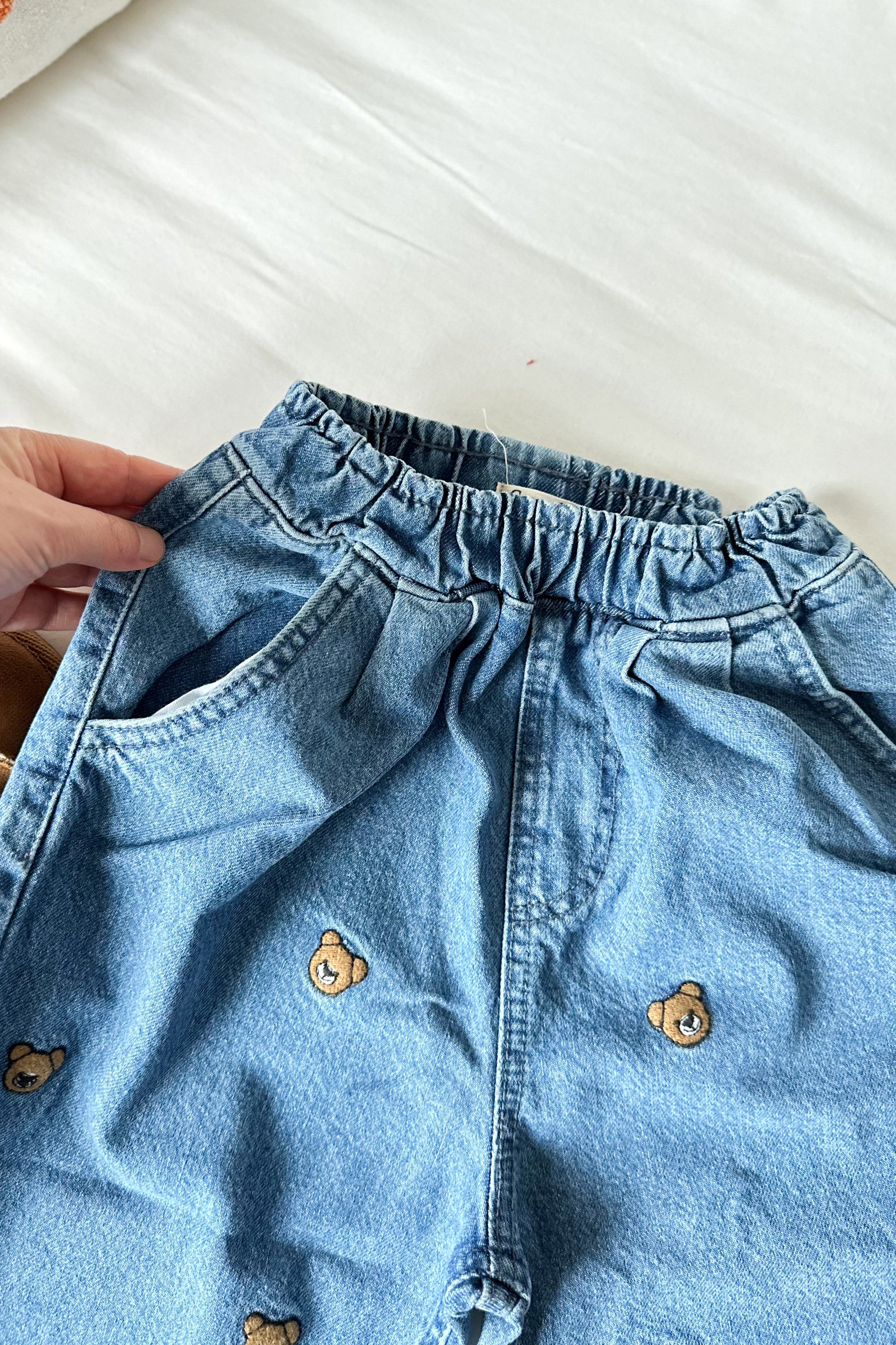 Ayıcık Baskılı Çocuk Kot Pantolon Mavi